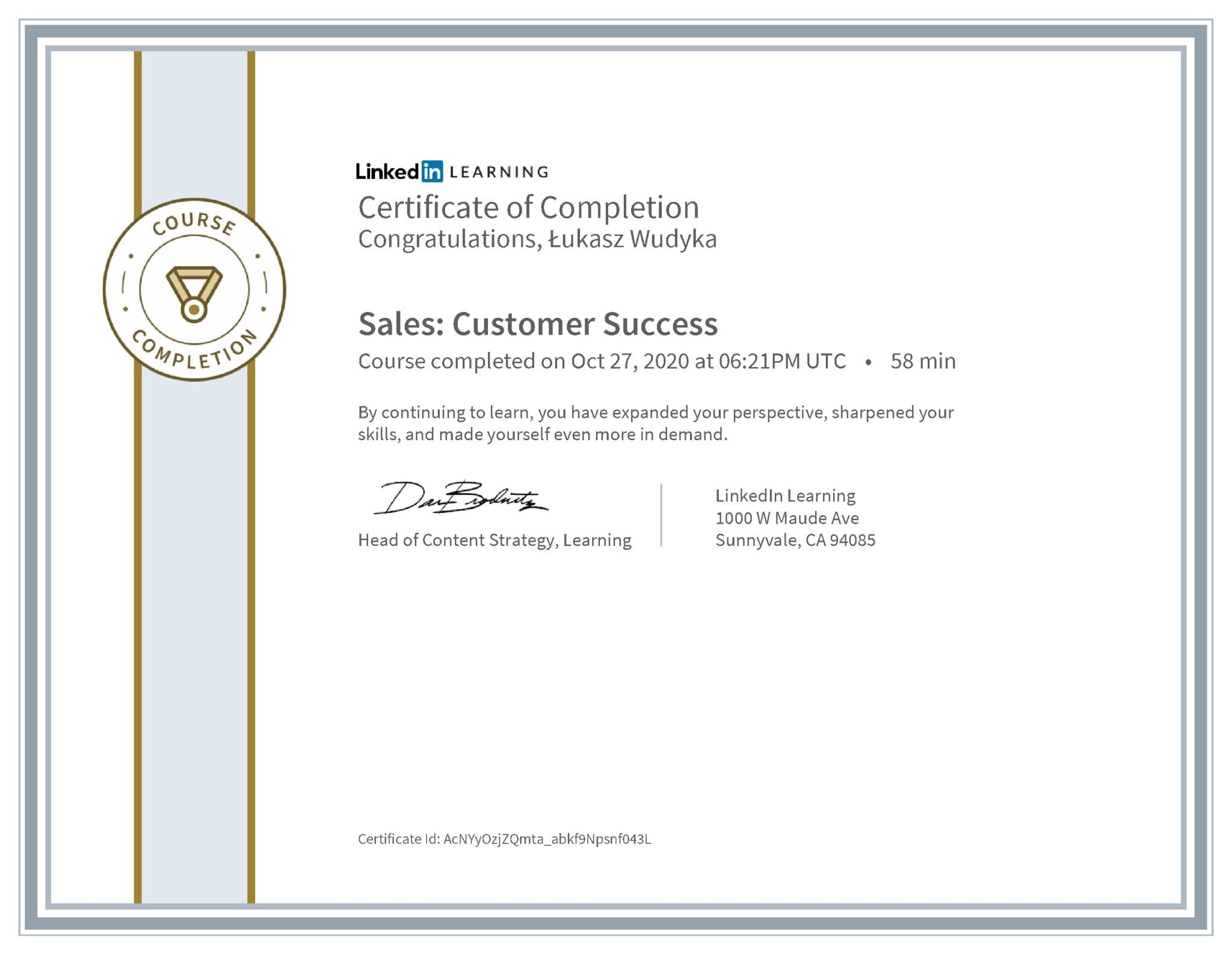 Łukasz Wudyka certyfikat LinkedIn Sales: Customer Success