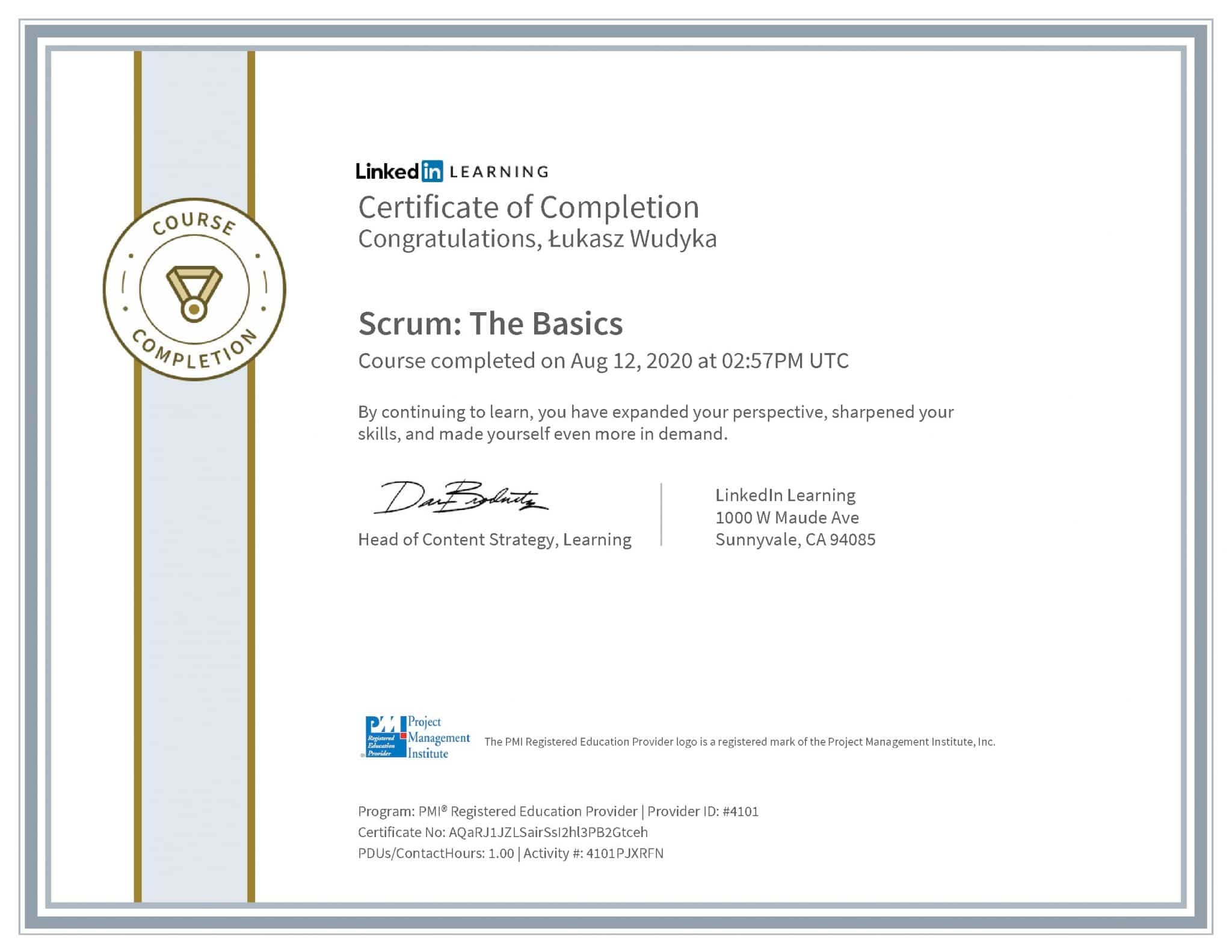 Łukasz Wudyka certyfikat LinkedIn Scrum: The Basics PMI
