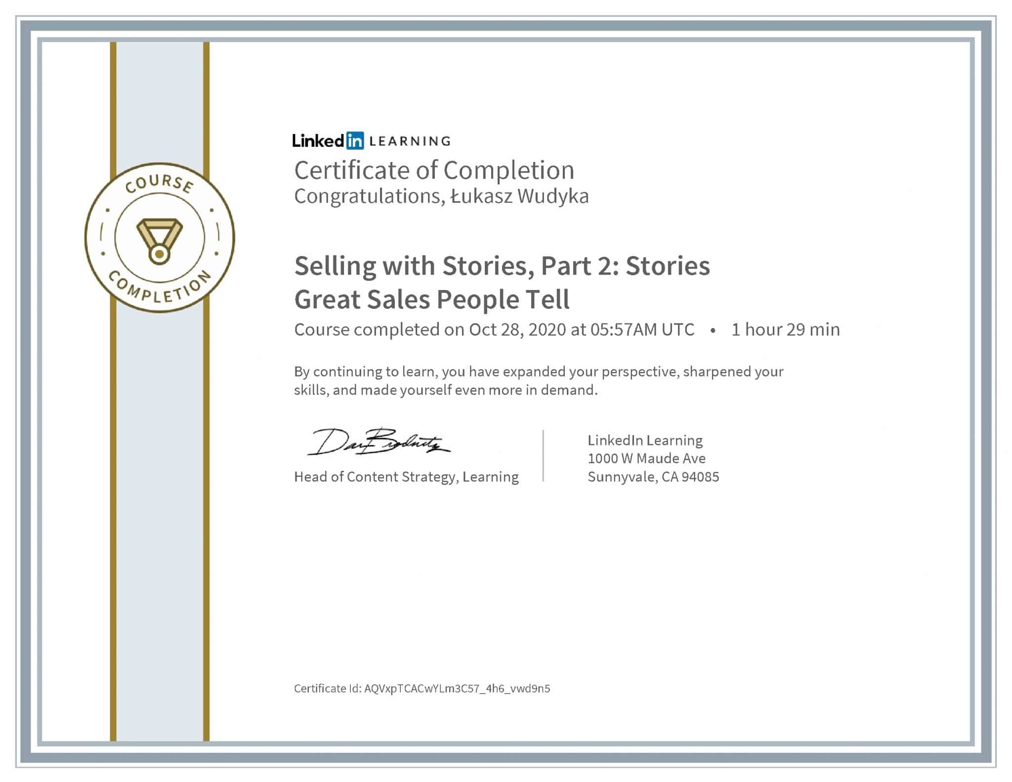 Łukasz Wudyka certyfikat LinkedIn Selling with Stories, Part 2: Stories Great Sales People Tell
