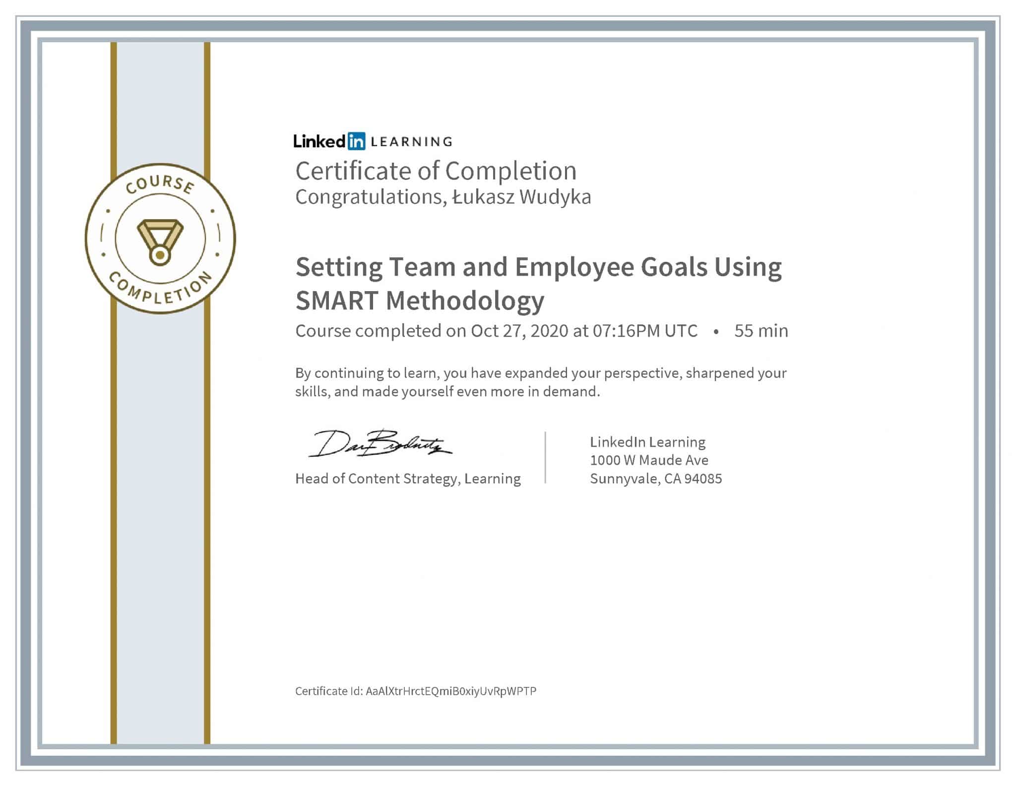 Łukasz Wudyka certyfikat LinkedIn Setting Team and Employee Goals Using SMART Methodology