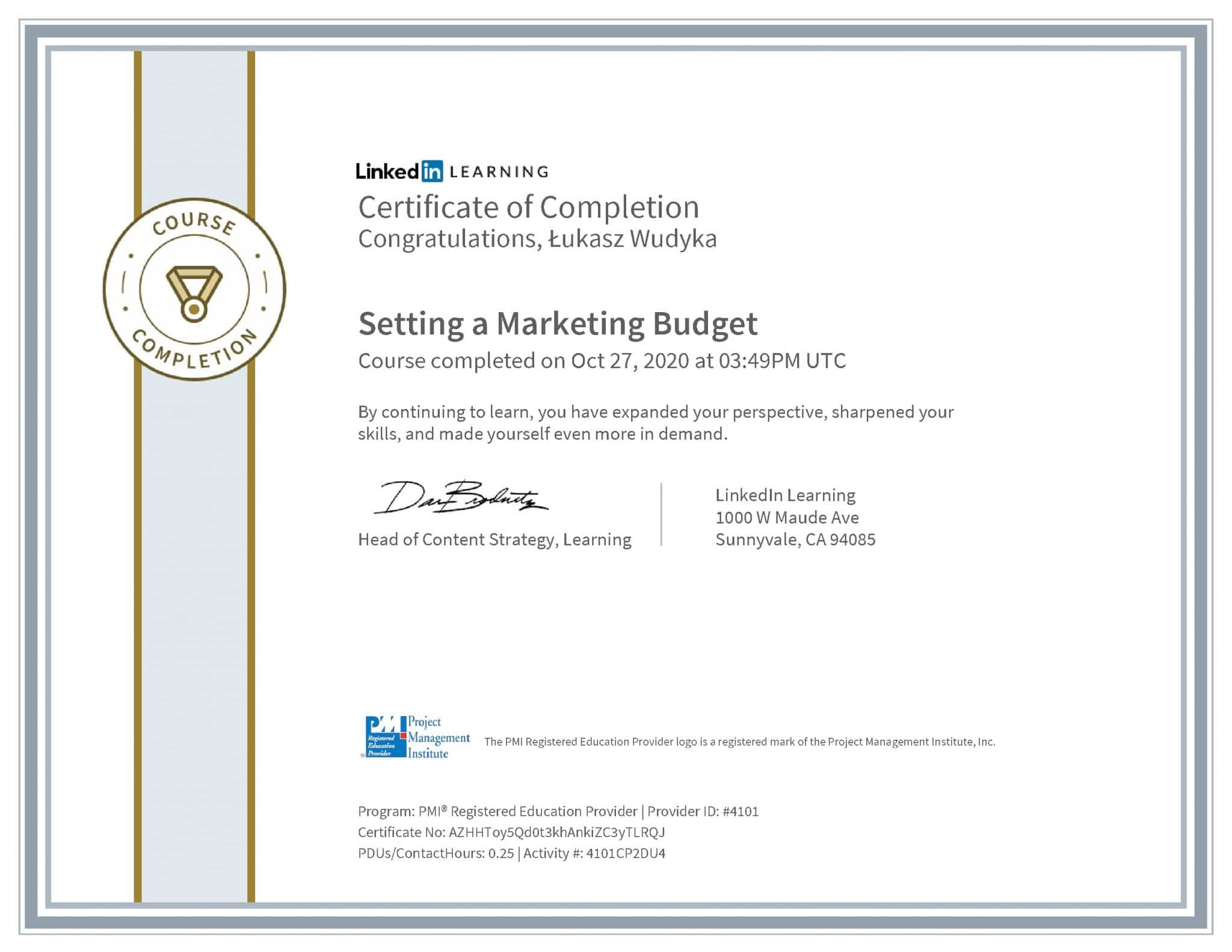 Łukasz Wudyka certyfikat LinkedIn Setting a Marketing Budget PMI