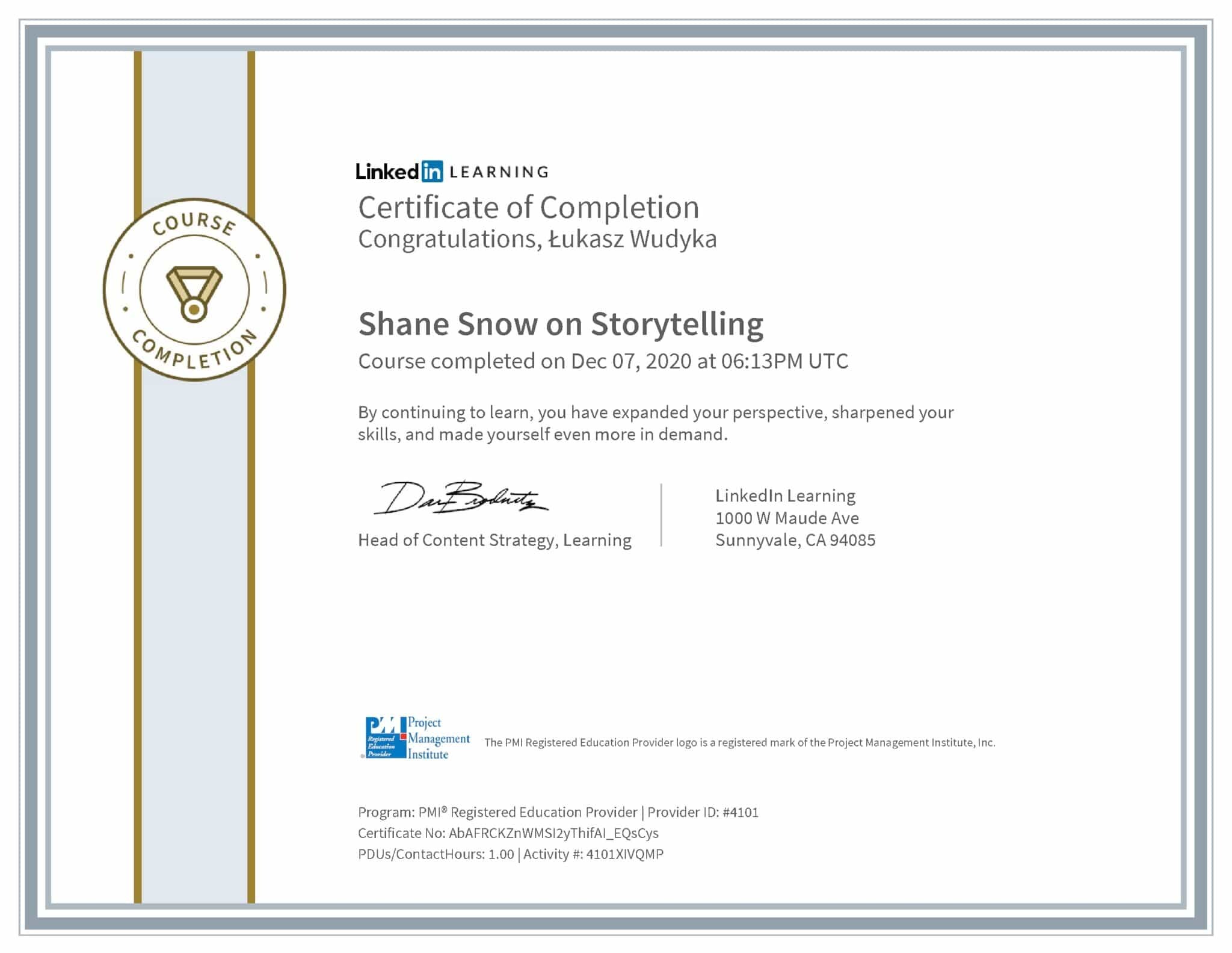 Łukasz Wudyka certyfikat LinkedIn Shane Snow on Storytelling PMI