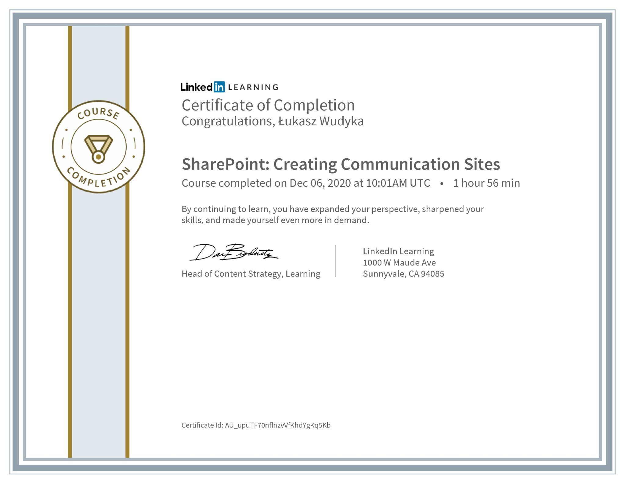 Łukasz Wudyka certyfikat LinkedIn SharePoint: Creating Communication Sites