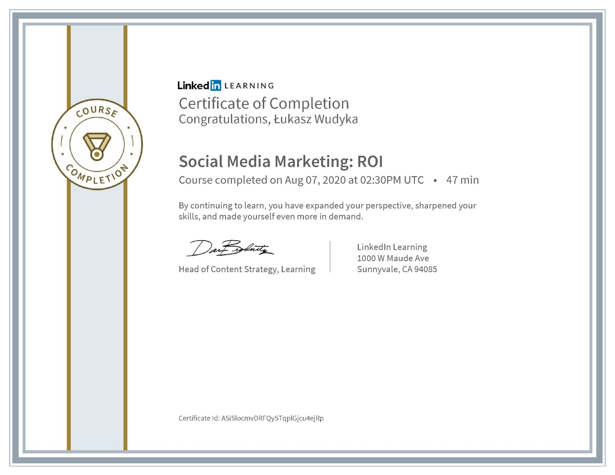 Łukasz Wudyka certyfikat LinkedIn Social Media Marketing: ROI