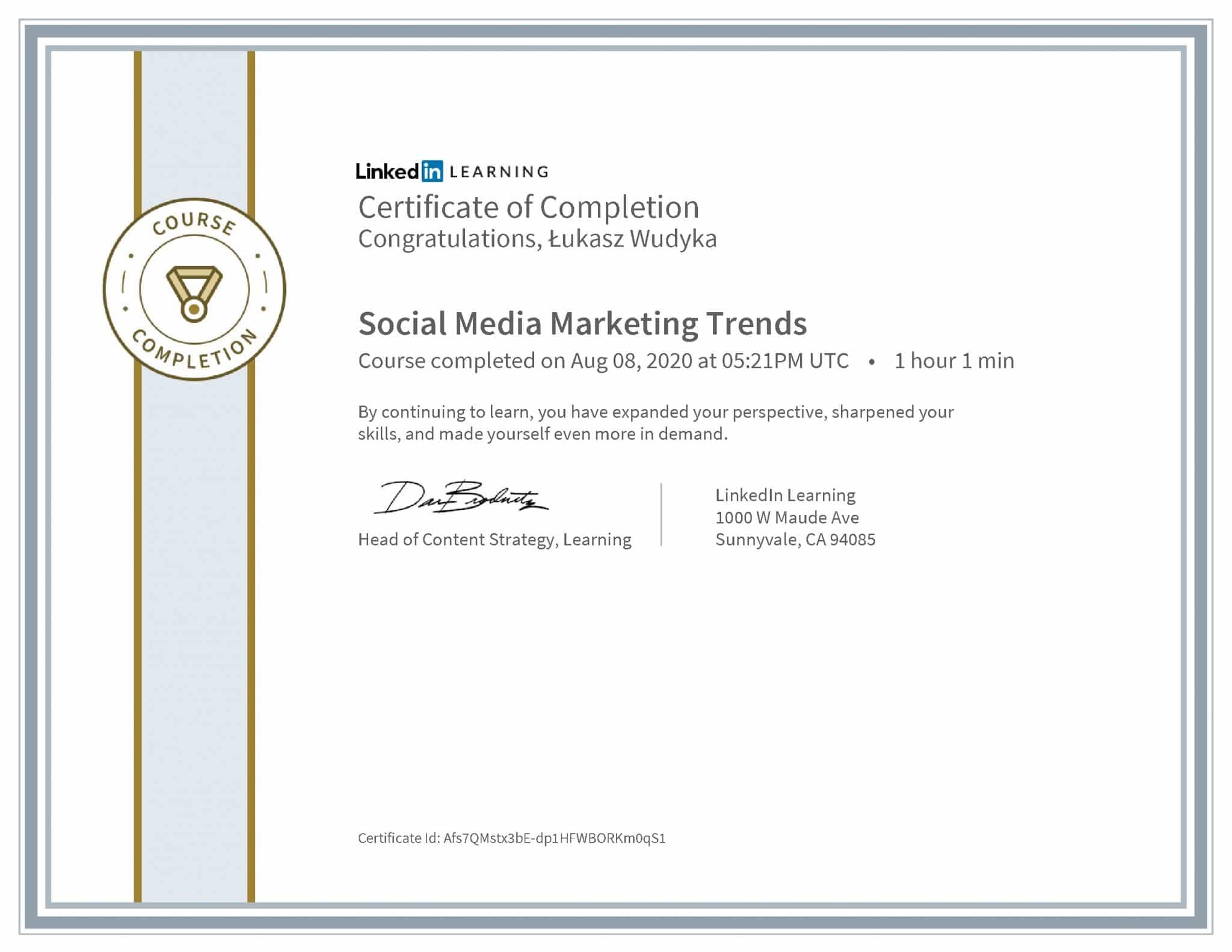 Łukasz Wudyka certyfikat LinkedIn Social Media Marketing Trends