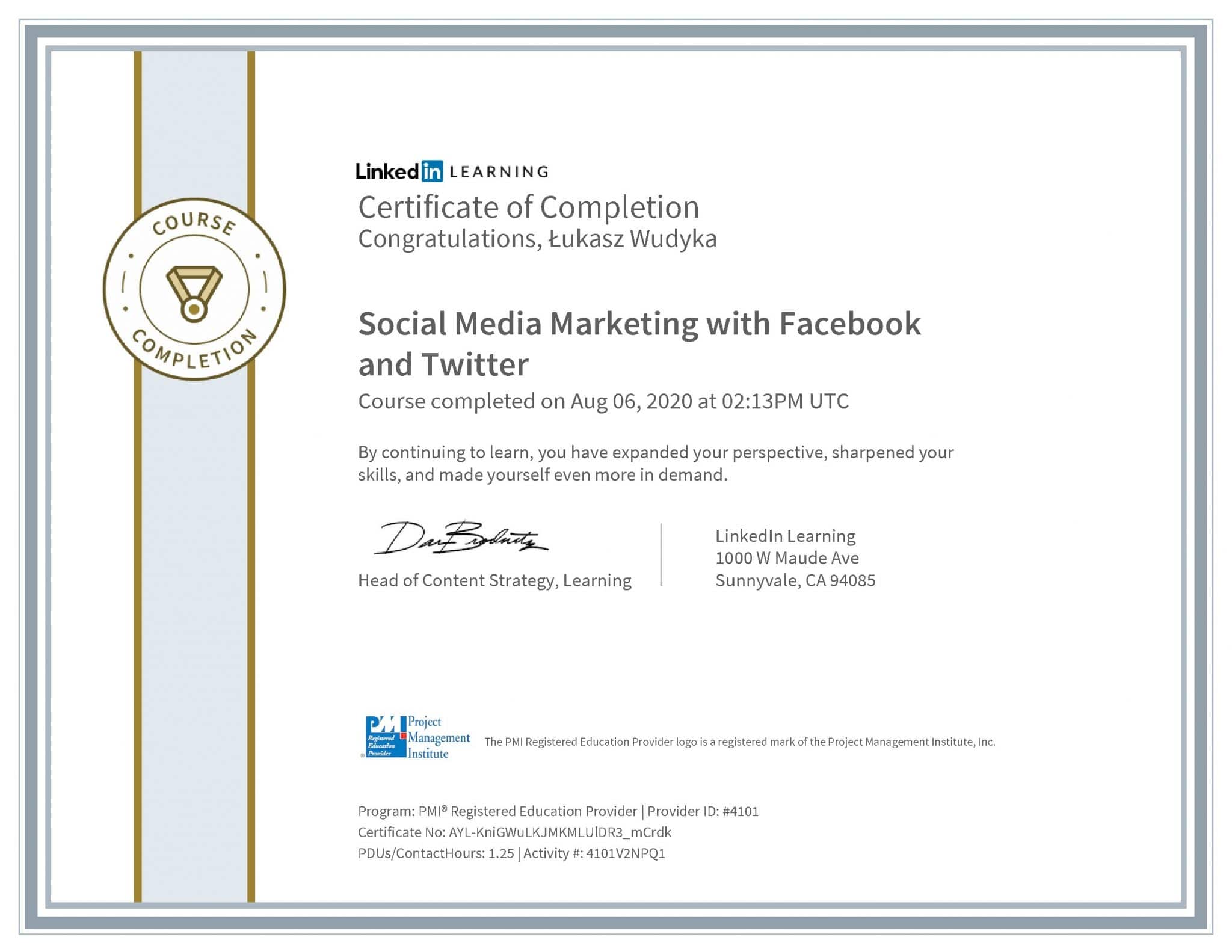 Łukasz Wudyka certyfikat LinkedIn Social Media Marketing with Facebook and Twitter PMI