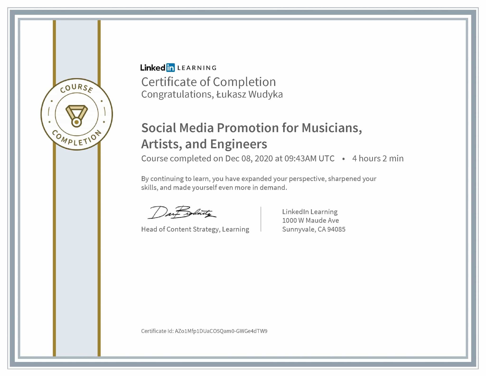 Łukasz Wudyka certyfikat LinkedIn Social Media Promotion for Musicians, Artists, and Engineers