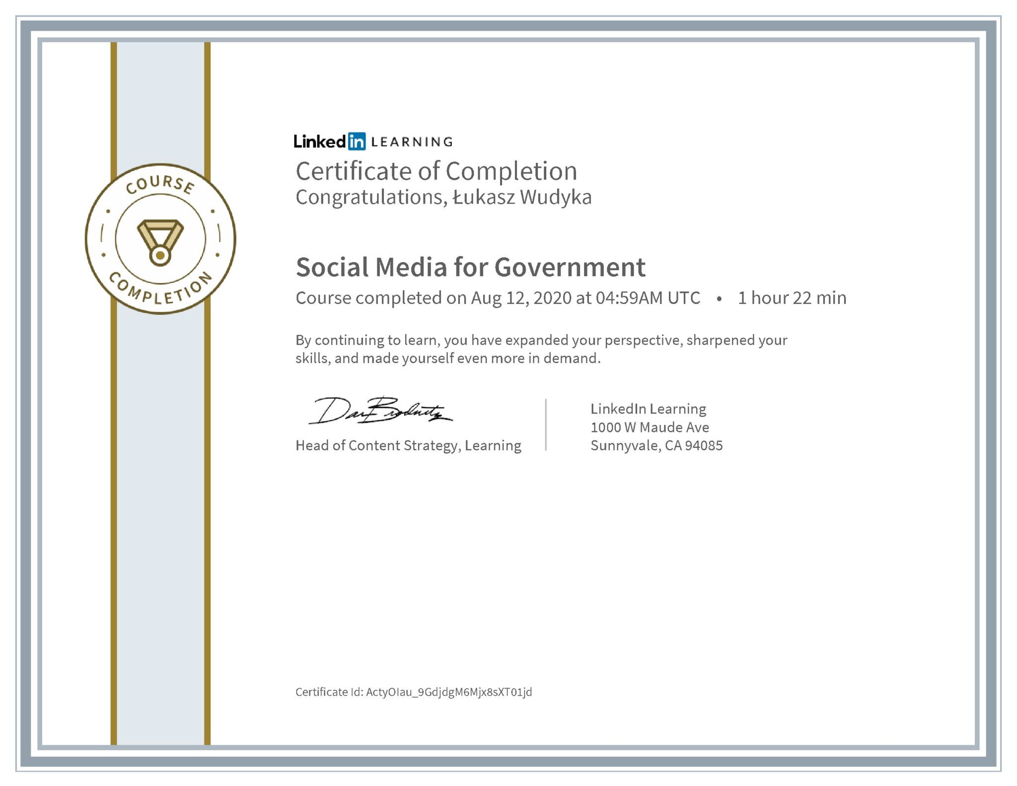 Łukasz Wudyka certyfikat LinkedIn Social Media for Government