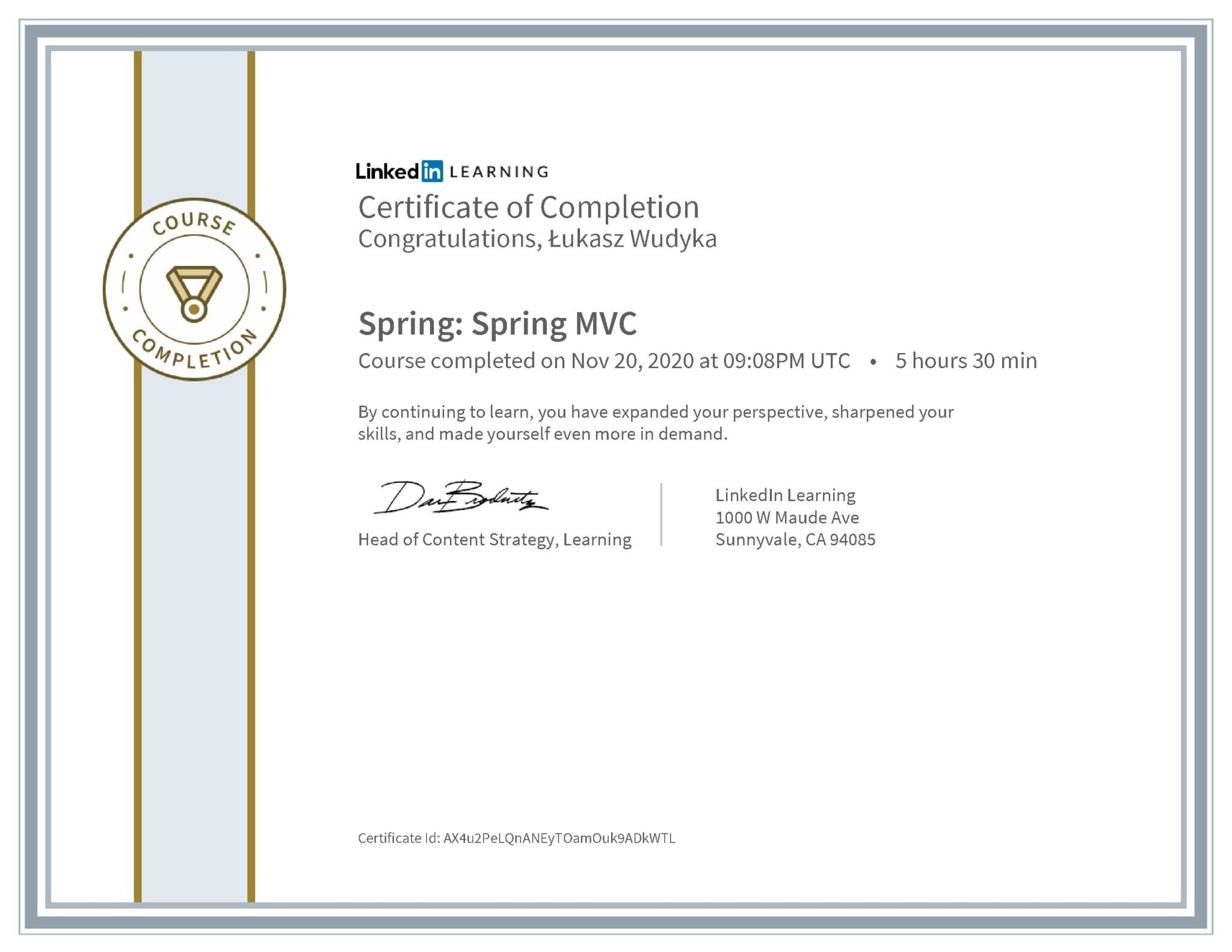 Łukasz Wudyka certyfikat LinkedIn Spring: Spring MVC