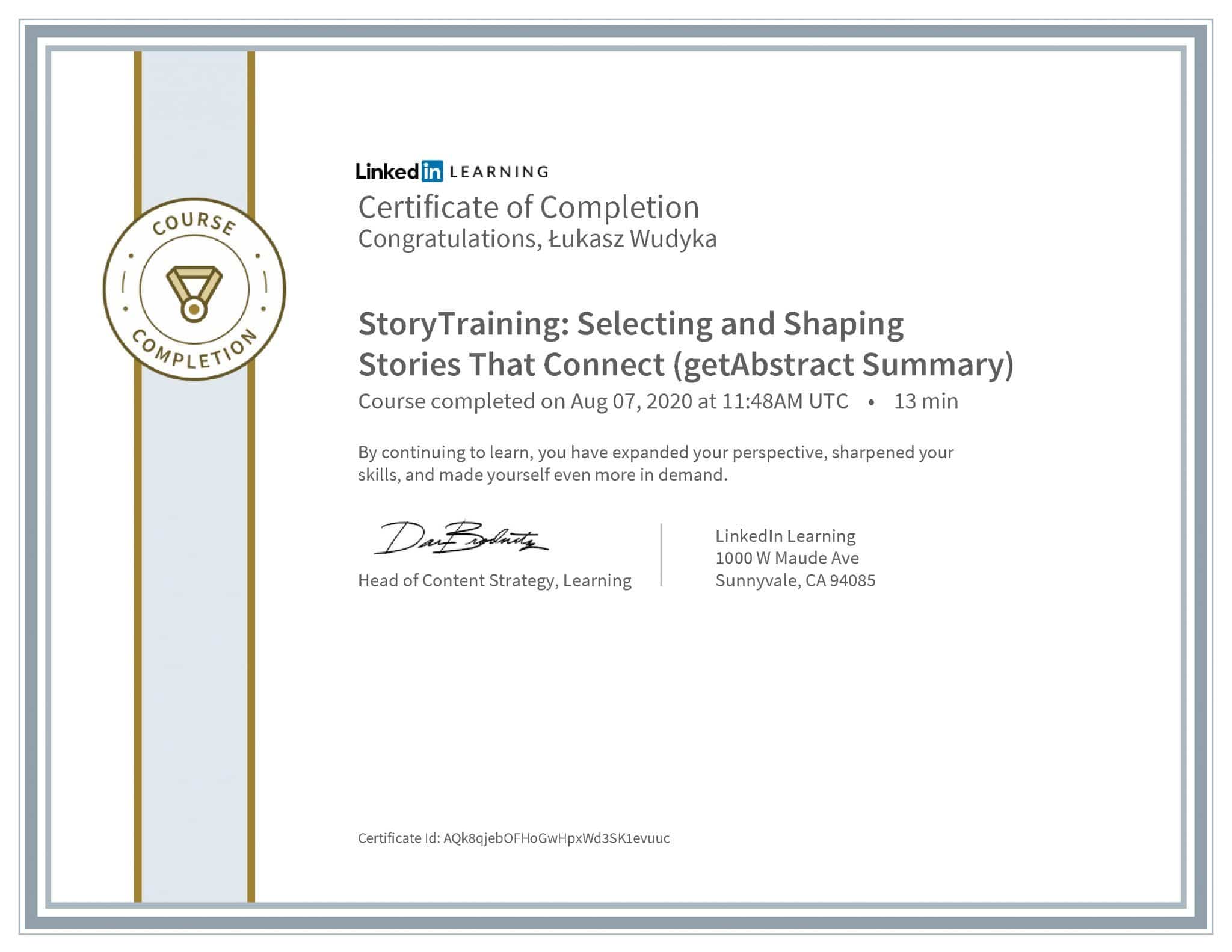 Łukasz Wudyka certyfikat LinkedIn StoryTraining: Selecting and Shaping Stories That Connect (getAbstract Summary)