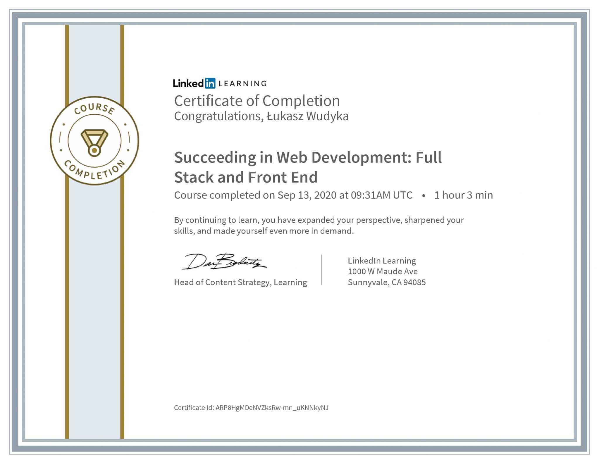 Łukasz Wudyka certyfikat LinkedIn Succeeding in Web Development: Full Stack and Front End