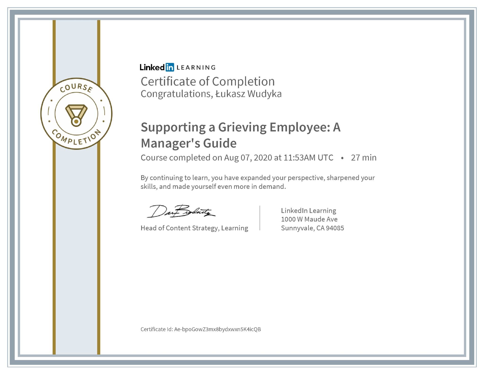Łukasz Wudyka certyfikat LinkedIn Supporting a Grieving Employee: A Manager's Guide