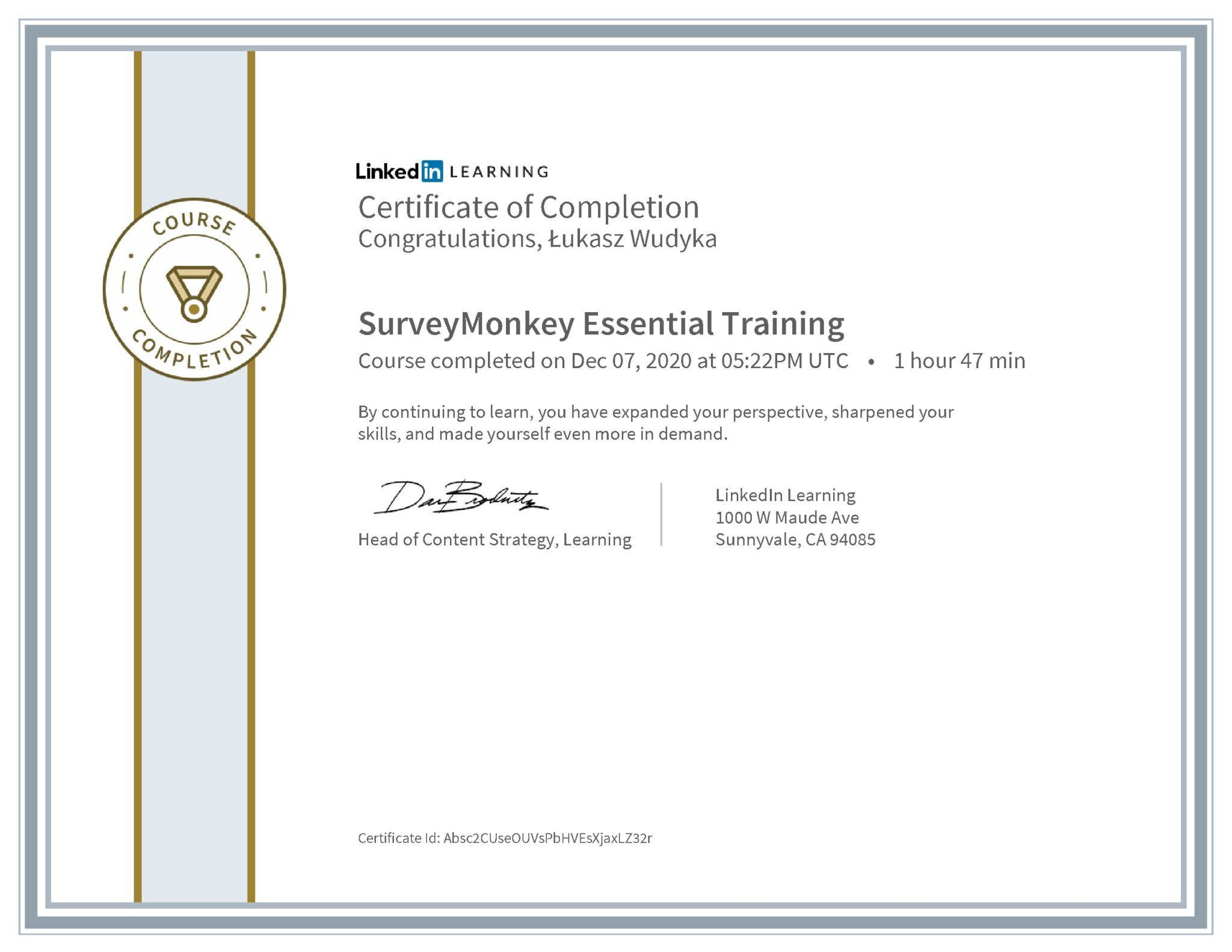 Łukasz Wudyka certyfikat LinkedIn SurveyMonkey Essential Training