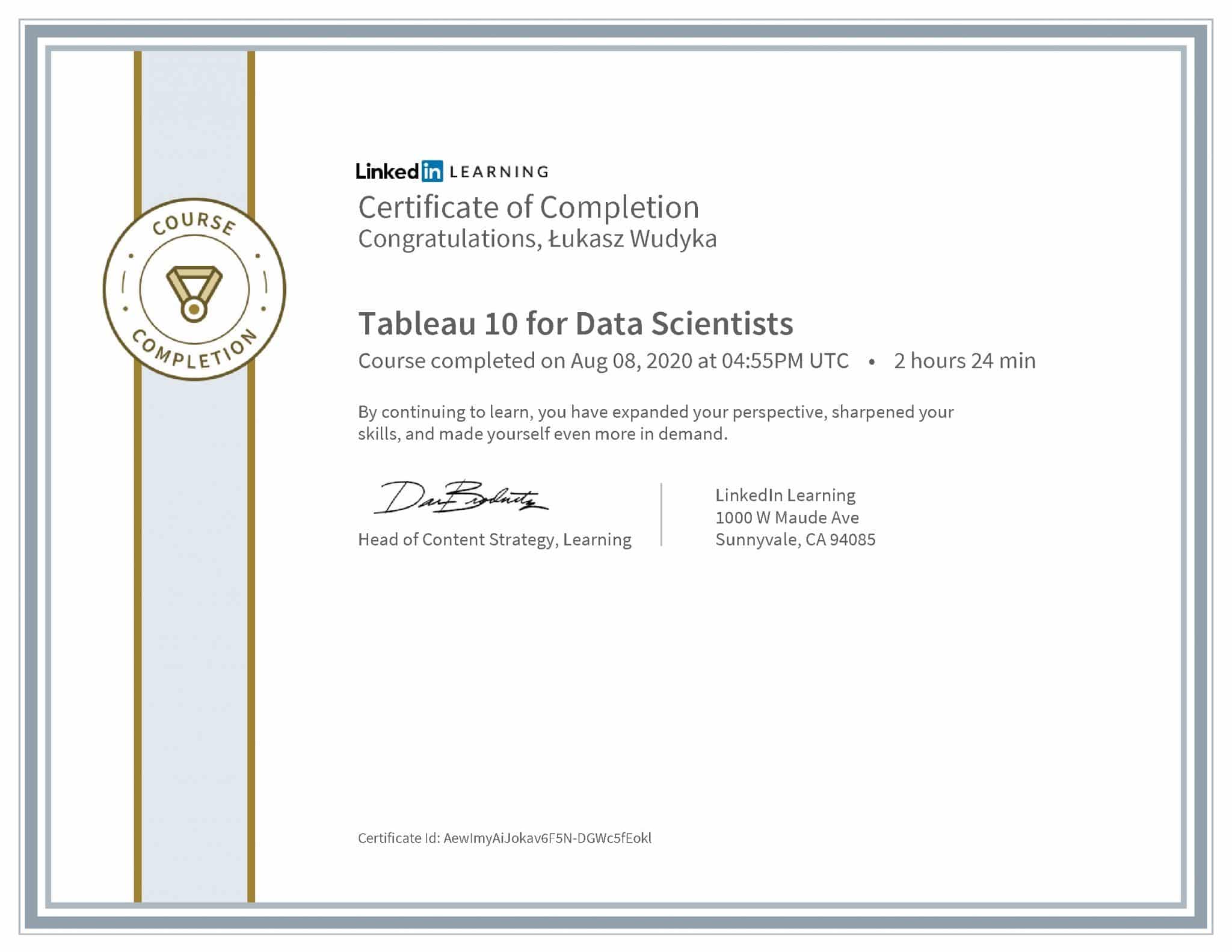 Łukasz Wudyka certyfikat LinkedIn Tableau 10 for Data Scientists
