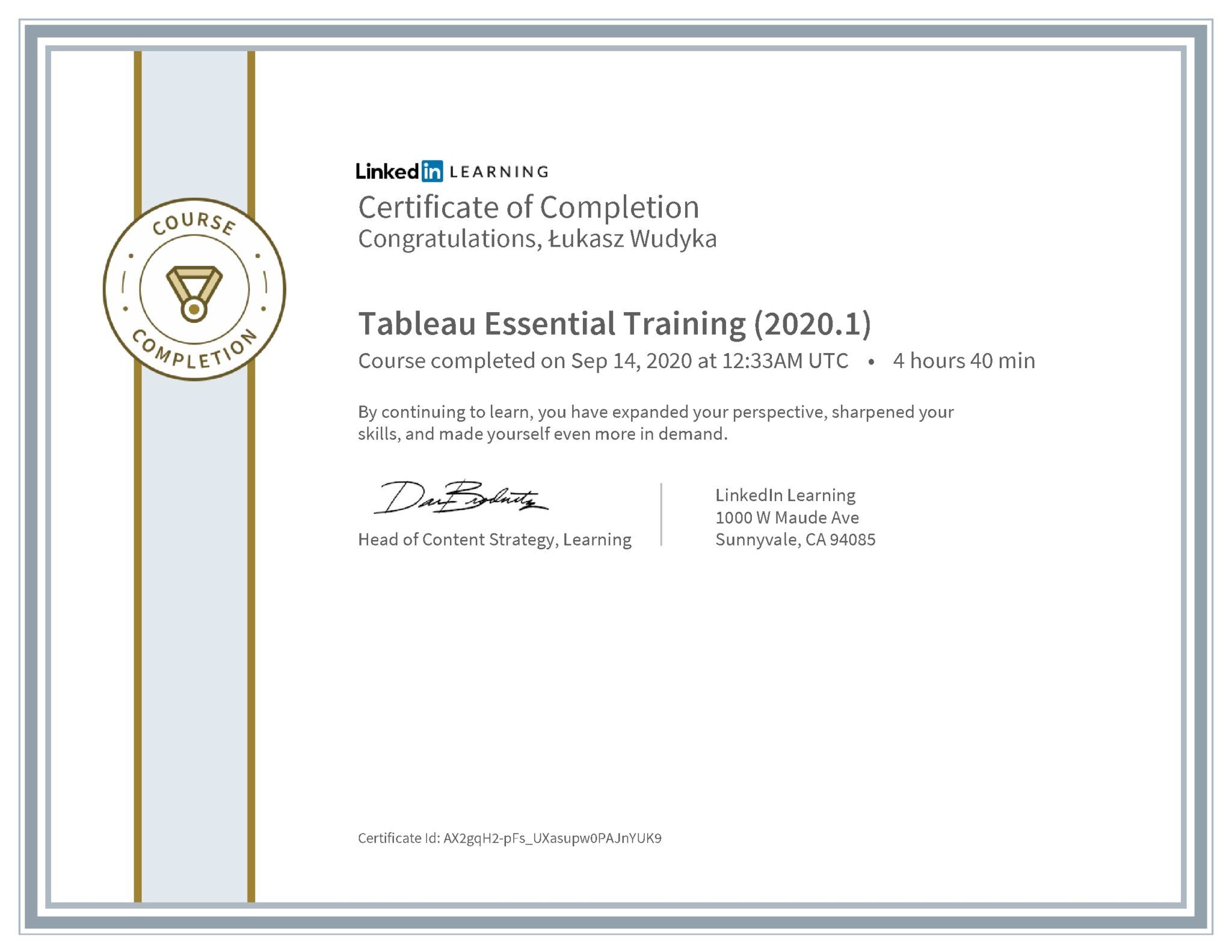 Łukasz Wudyka certyfikat LinkedIn Tableau Essential Training (2020.1)
