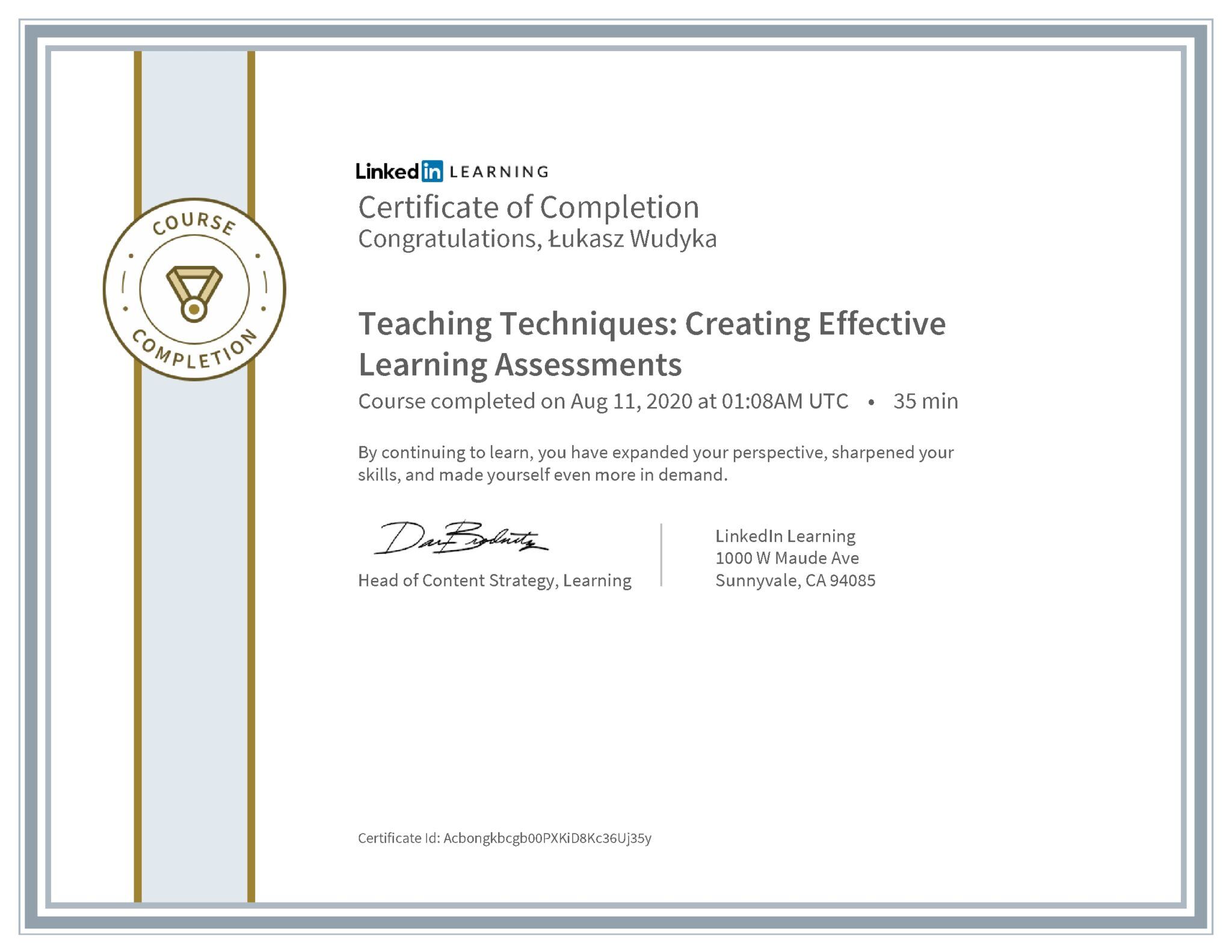 Łukasz Wudyka certyfikat LinkedIn Teaching Techniques: Creating Effective Learning Assessments