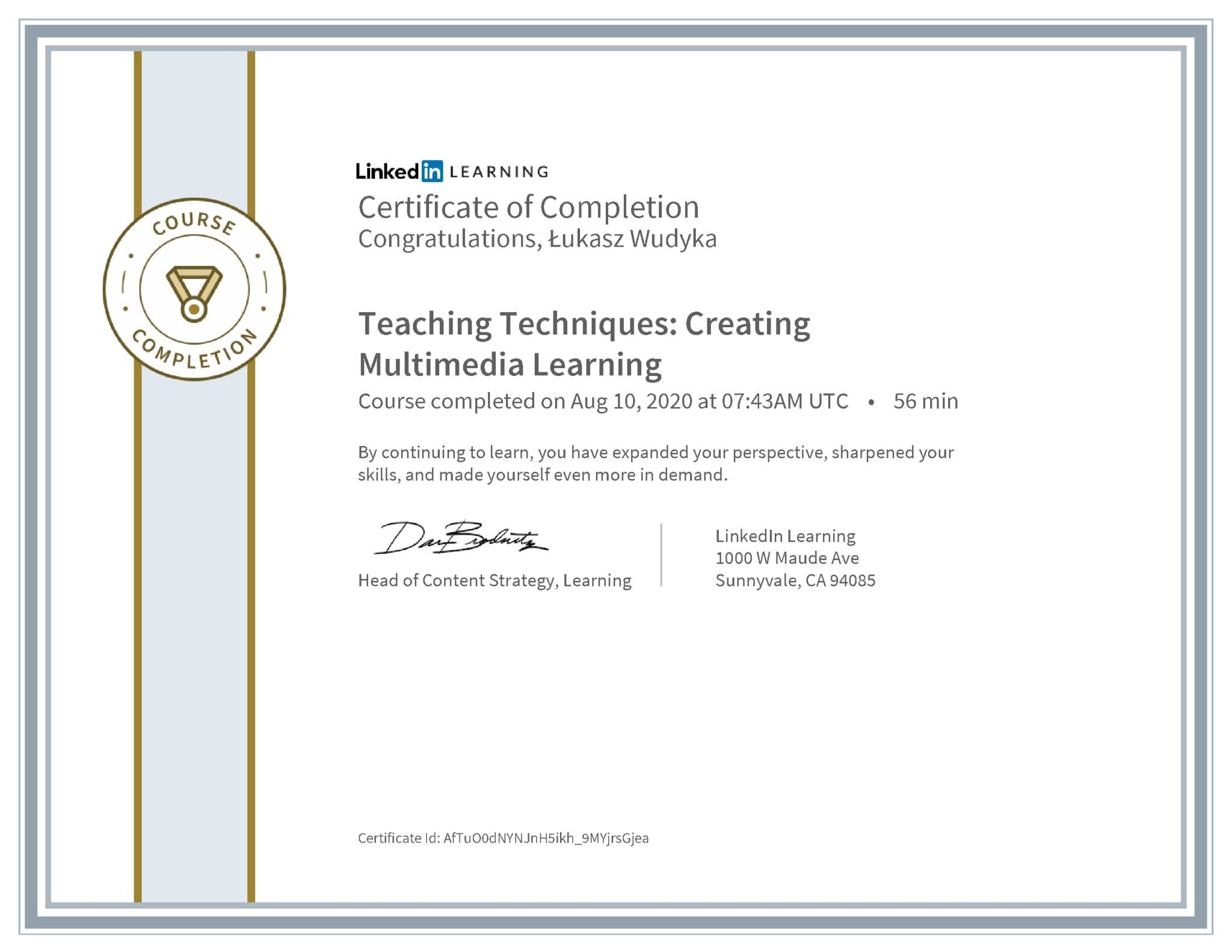Łukasz Wudyka certyfikat LinkedIn Teaching Techniques: Creating Multimedia Learning