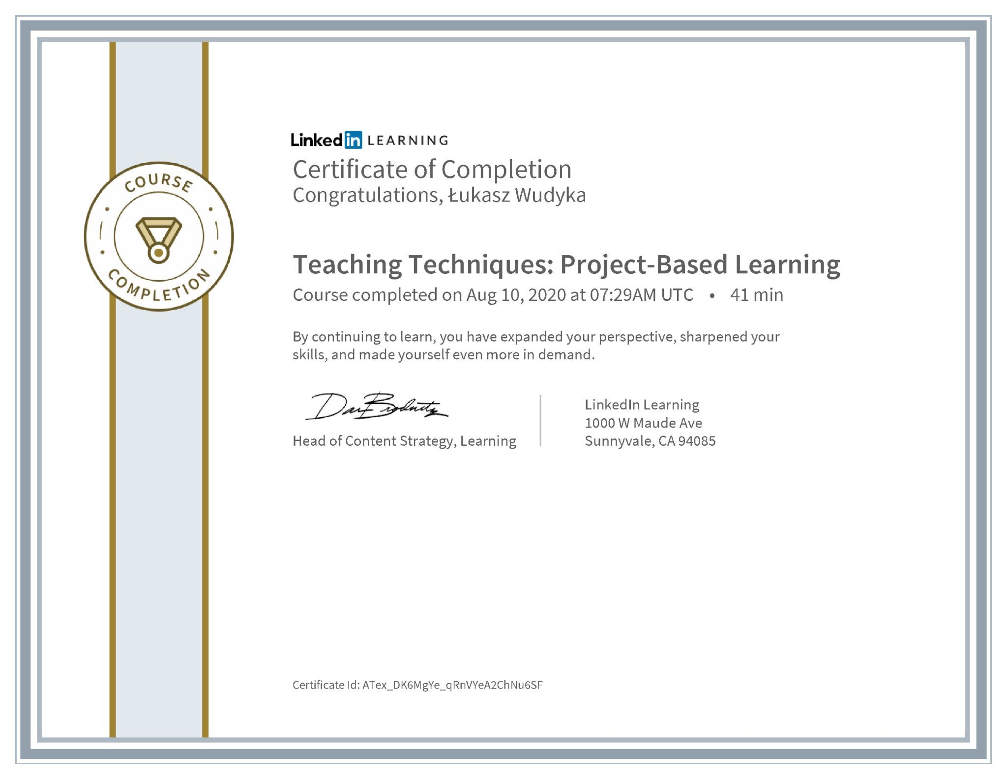 Łukasz Wudyka certyfikat LinkedIn Teaching Techniques: Project-Based Learning