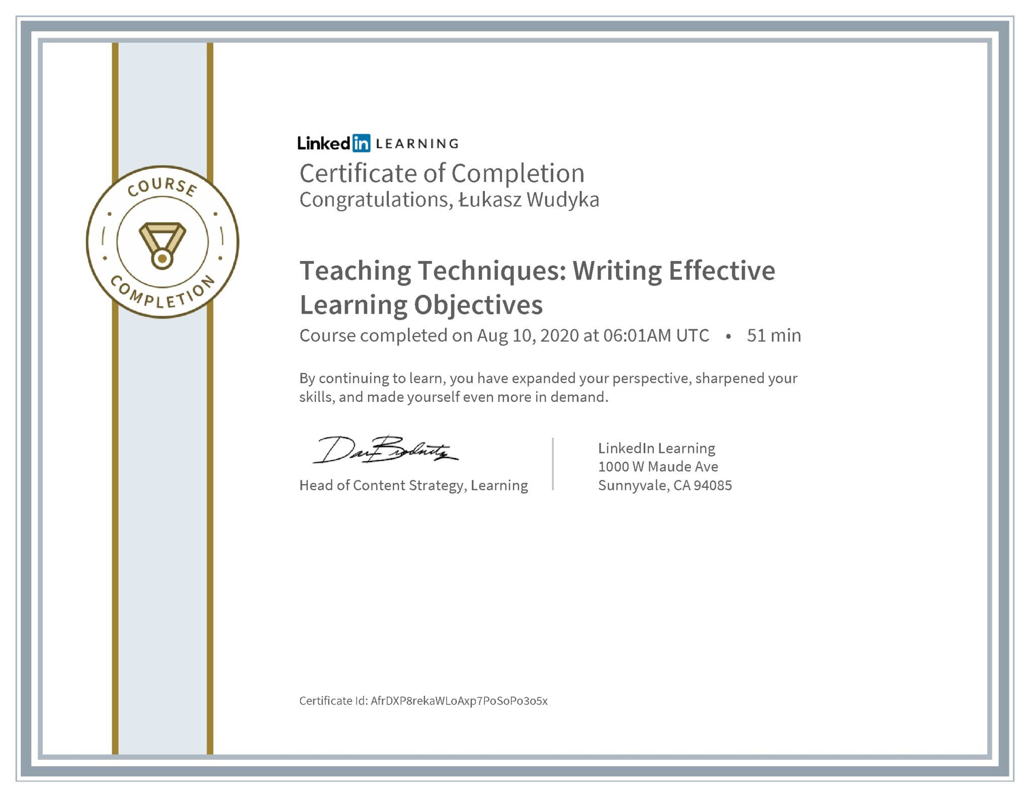 Łukasz Wudyka certyfikat LinkedIn Teaching Techniques: Writing Effective Learning Objectives
