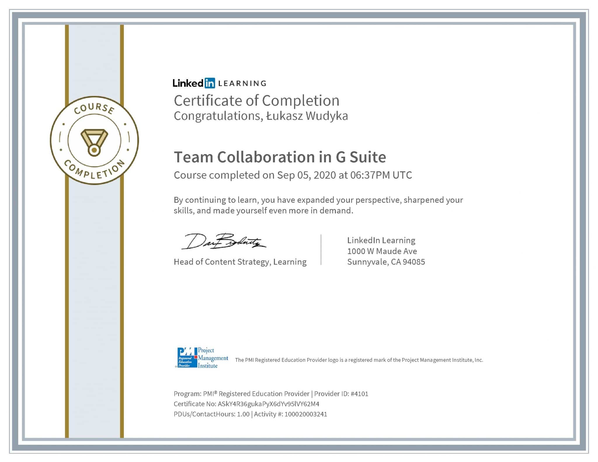 Łukasz Wudyka certyfikat LinkedIn Team Collaboration in G Suite PMI