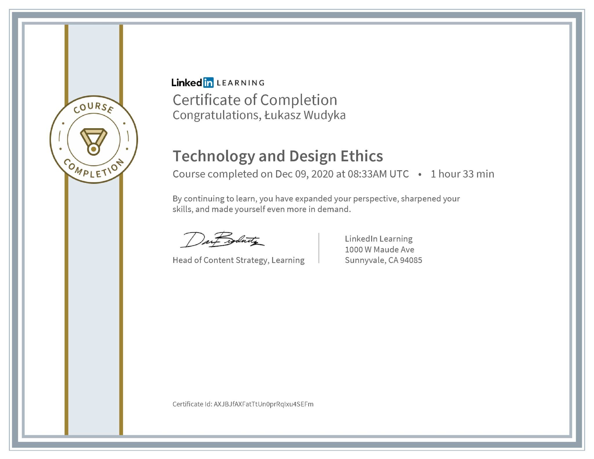 Łukasz Wudyka certyfikat LinkedIn Technology and Design Ethics