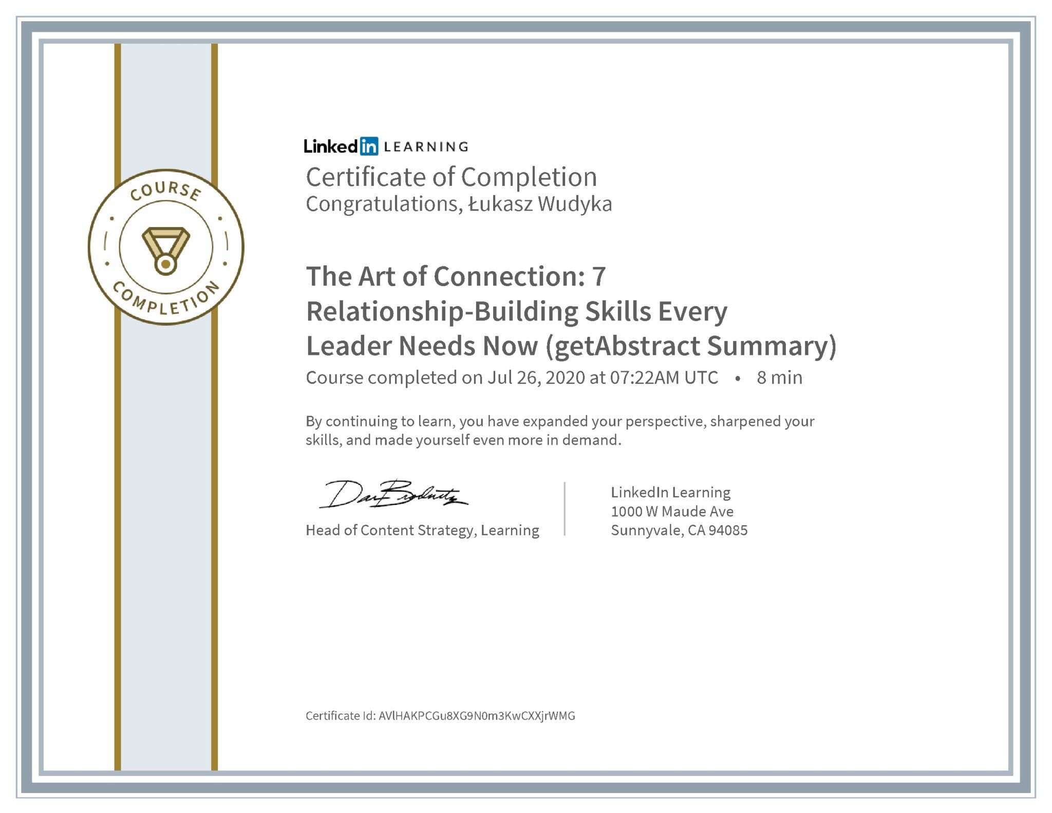 Łukasz Wudyka certyfikat LinkedIn The Art of Connection: 7 Relationship-Building Skills Every Leader Needs Now (getAbstract Summary)