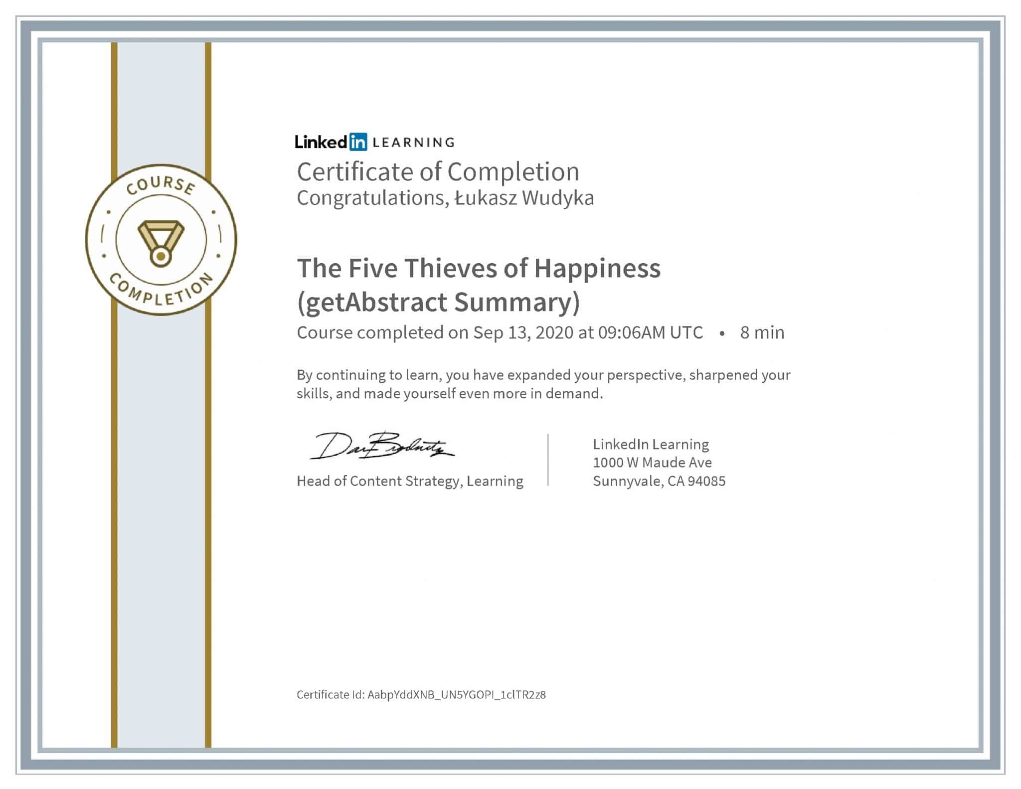 Łukasz Wudyka certyfikat LinkedIn The Five Thieves of Happiness (getAbstract Summary)