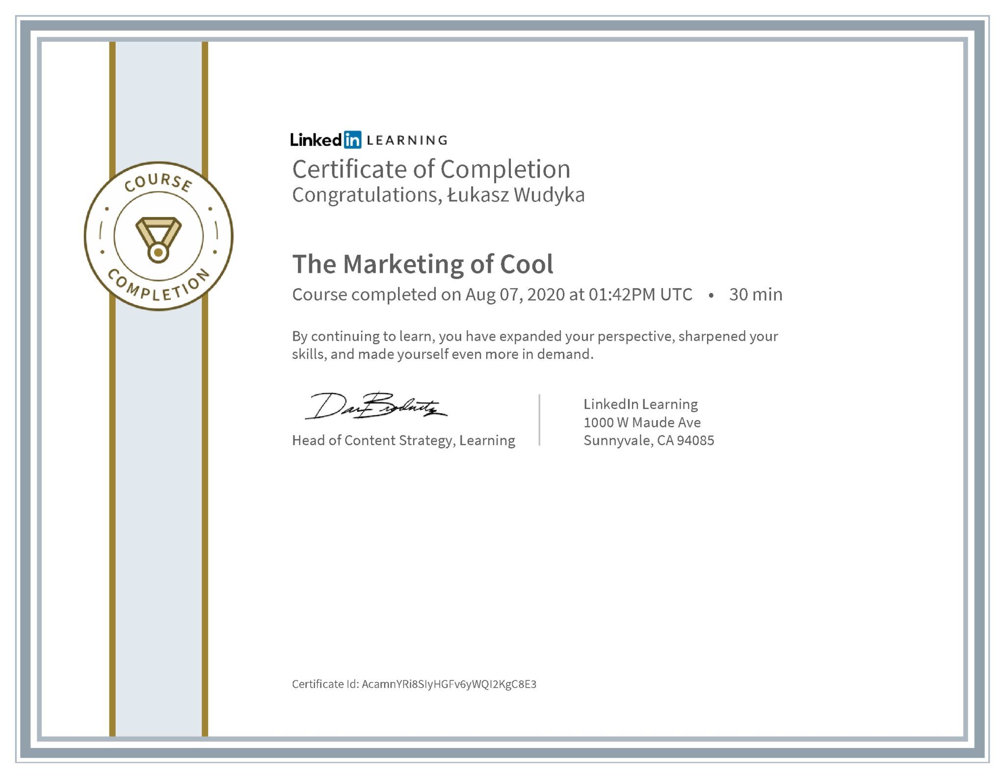 Łukasz Wudyka certyfikat LinkedIn The Marketing of Cool