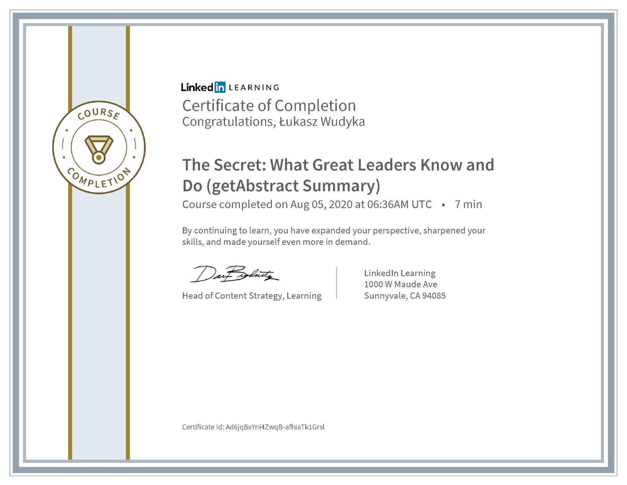 Łukasz Wudyka certyfikat LinkedIn The Secret: What Great Leaders Know and Do (getAbstract Summary)