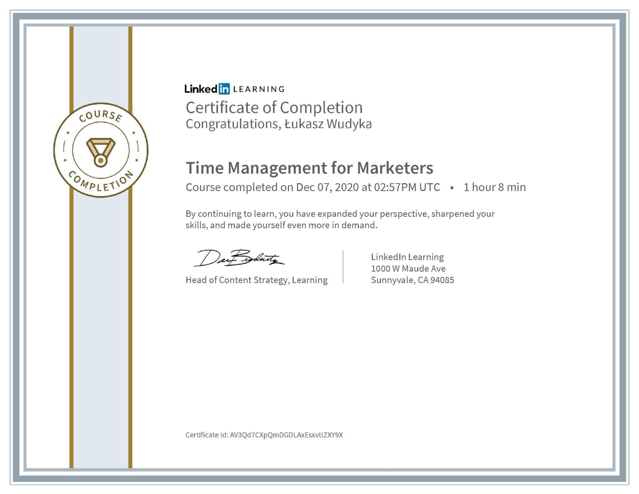 Łukasz Wudyka certyfikat LinkedIn Time Management for Marketers