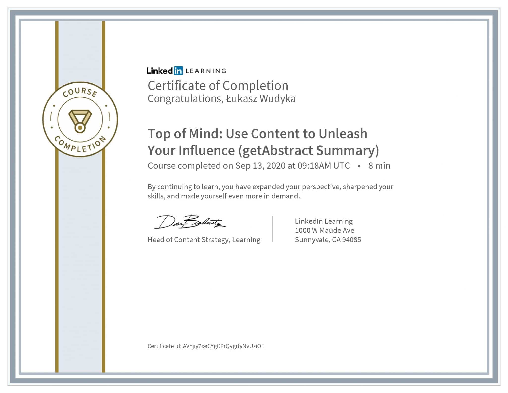 Łukasz Wudyka certyfikat LinkedIn Top of Mind: Use Content to Unleash Your Influence (getAbstract Summary)