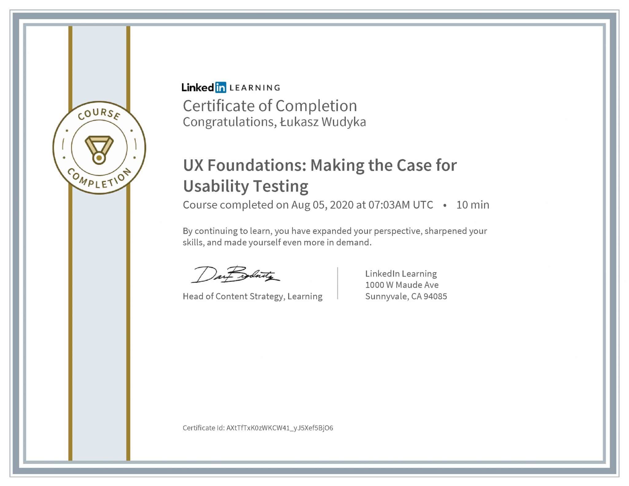 Łukasz Wudyka certyfikat LinkedIn UX Foundations: Making the Case for Usability Testing