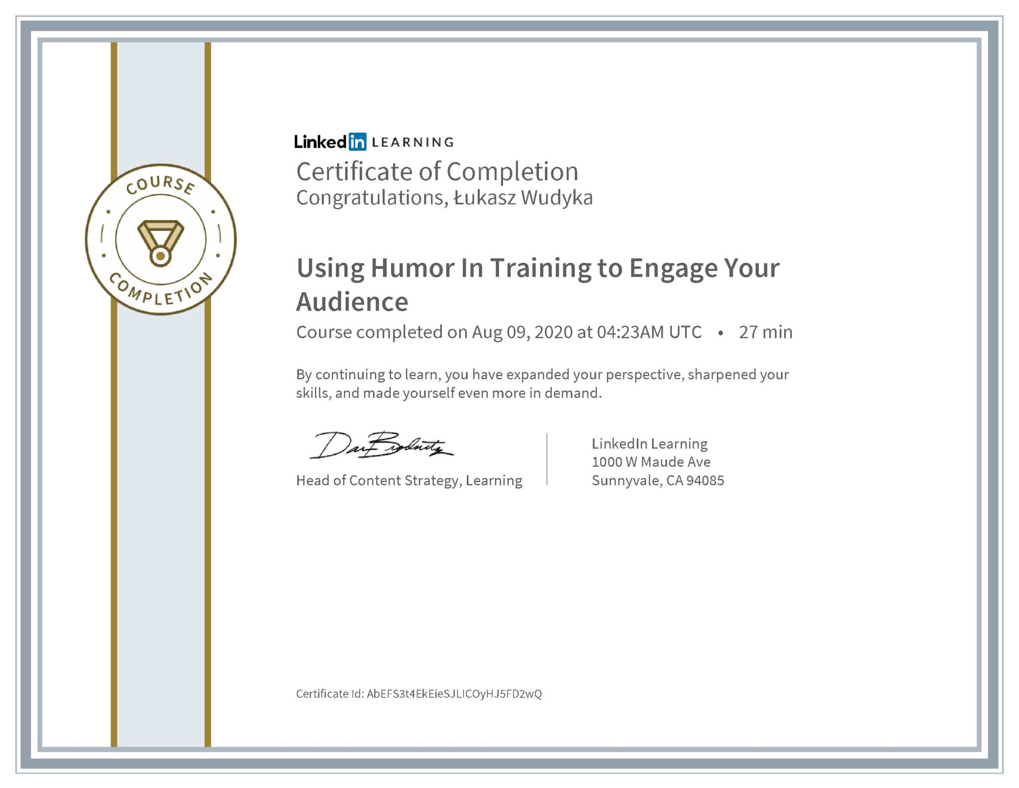 Łukasz Wudyka certyfikat LinkedIn Using Humor In Training to Engage Your Audience