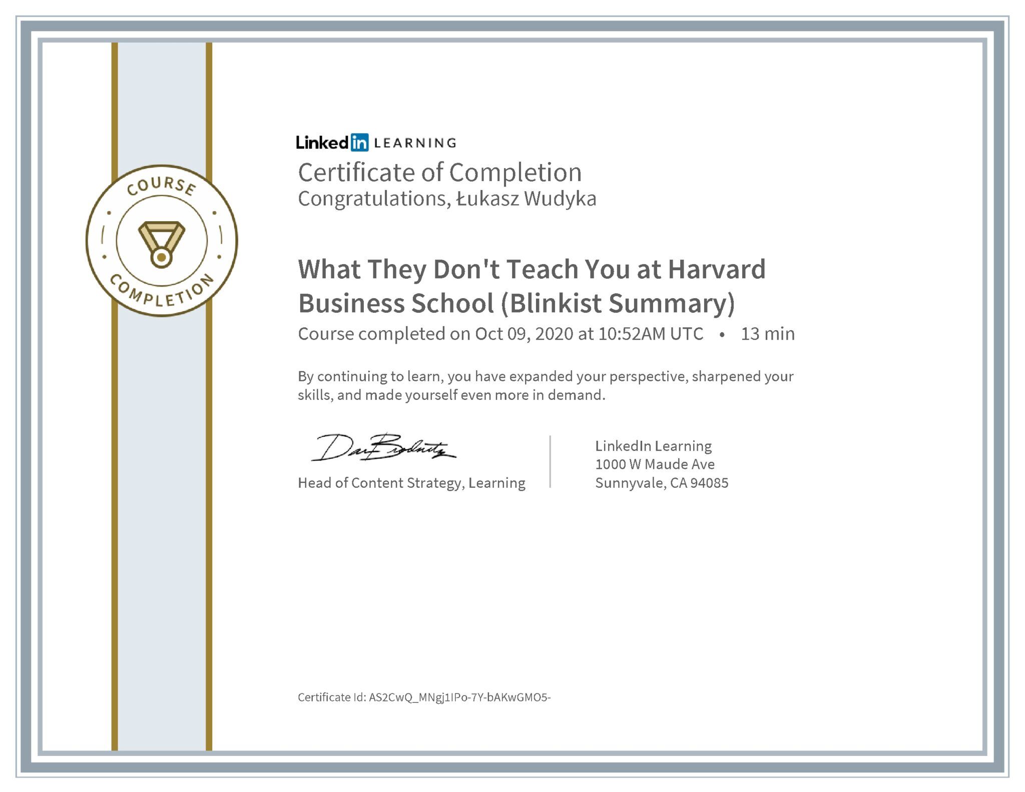 Łukasz Wudyka certyfikat LinkedIn What They Don't Teach You at Harvard Business School (Blinkist Summary)