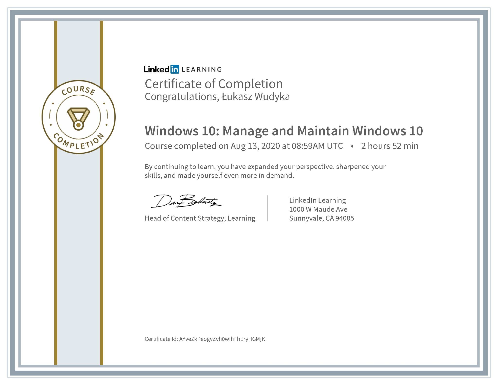 Łukasz Wudyka certyfikat LinkedIn Windows 10: Manage and Maintain Windows 10