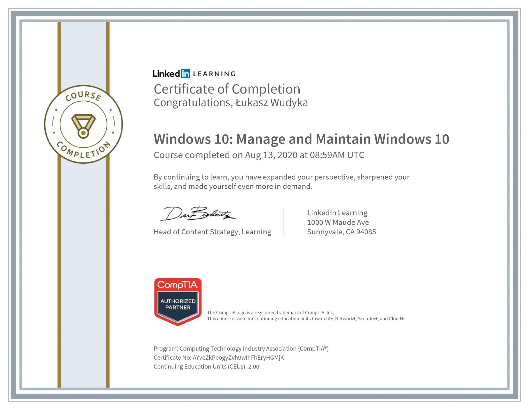 Łukasz Wudyka certyfikat LinkedIn Windows 10: Manage and Maintain Windows 10 CompTIA
