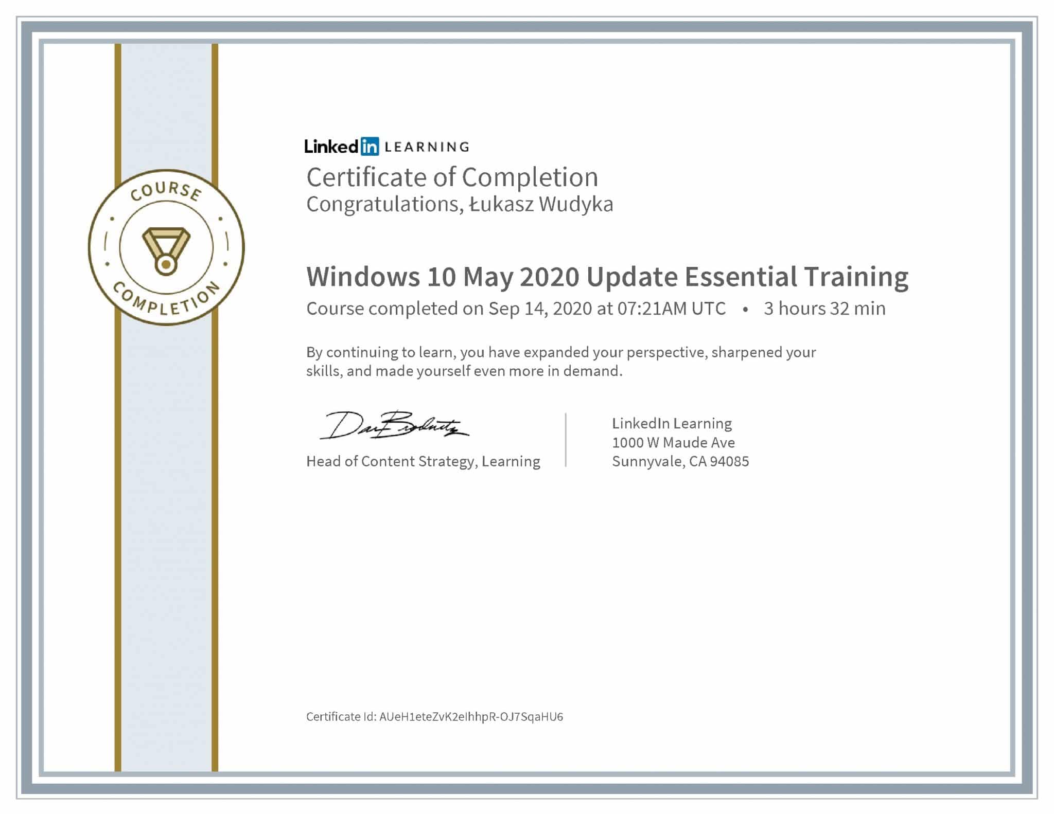 Łukasz Wudyka certyfikat LinkedIn Windows 10 May 2020 Update Essential Training