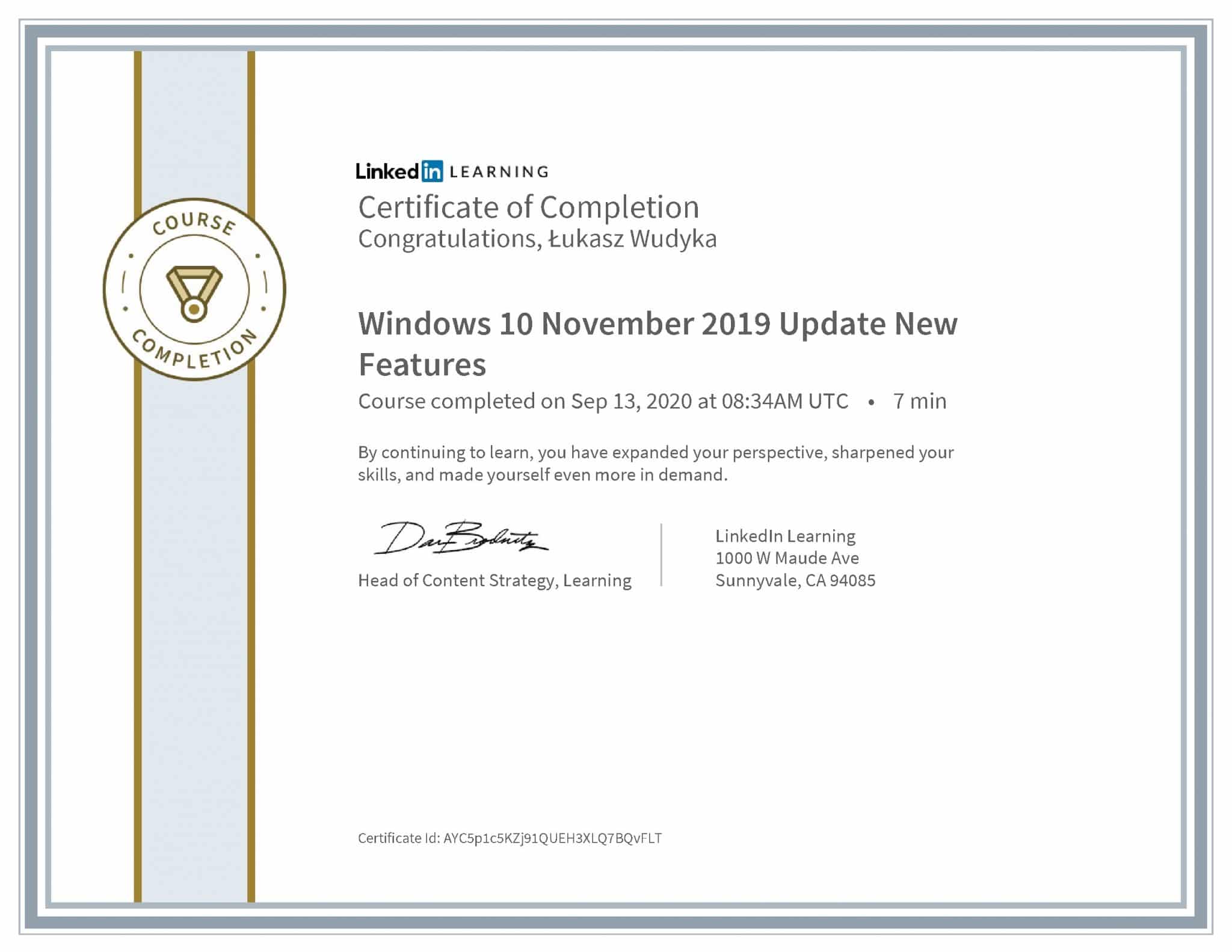 Łukasz Wudyka certyfikat LinkedIn Windows 10 November 2019 Update New Features