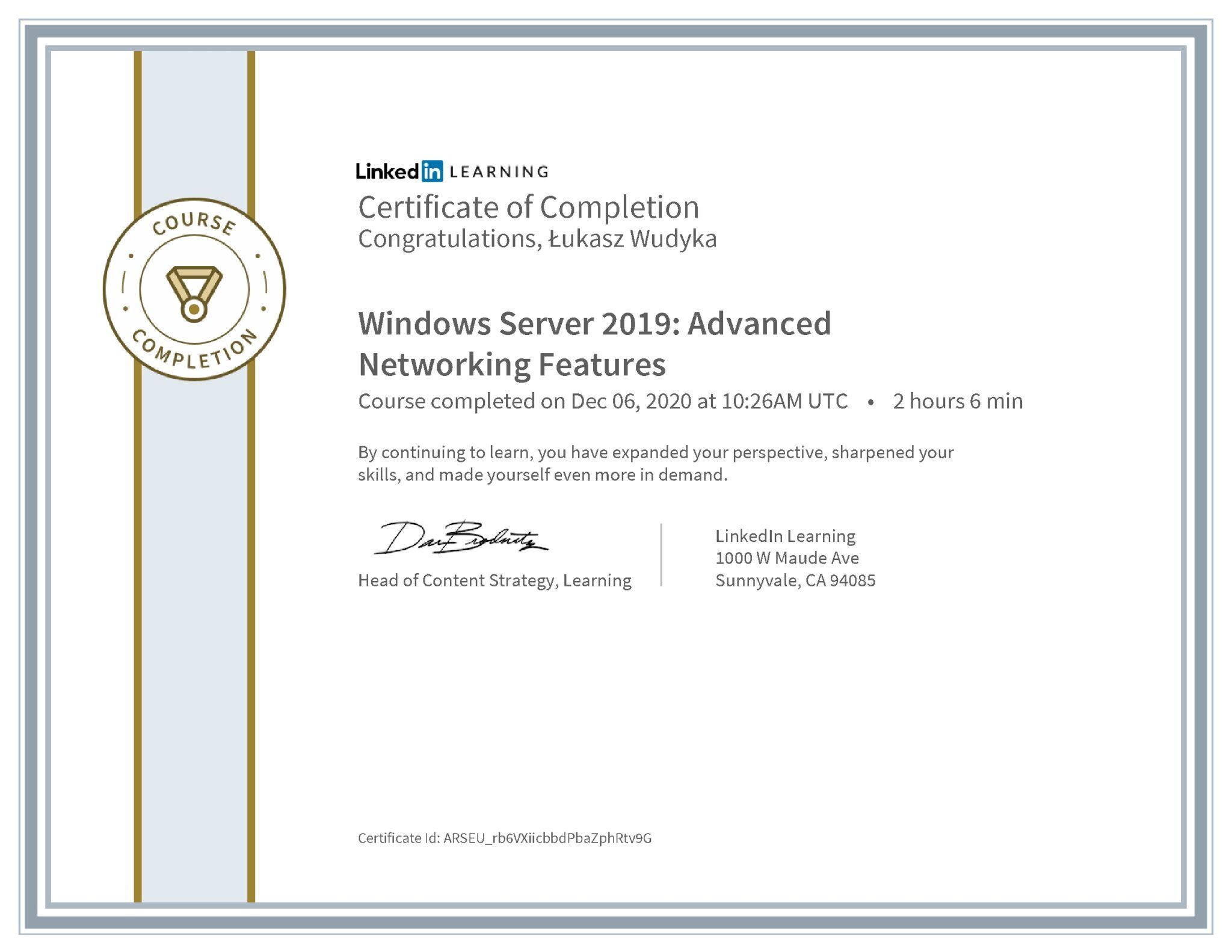 Łukasz Wudyka certyfikat LinkedIn Windows Server 2019: Advanced Networking Features