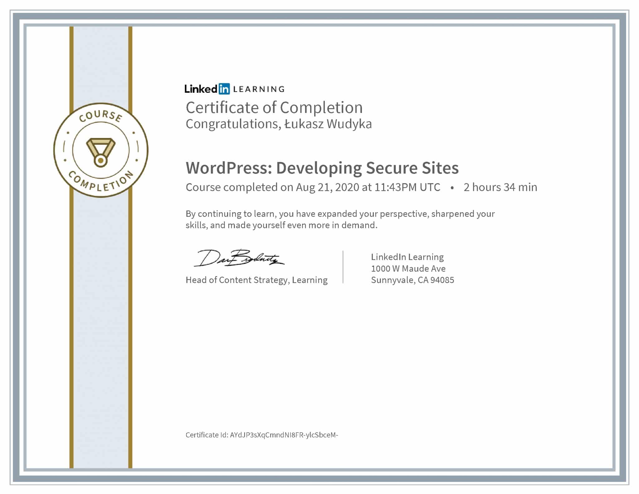 Łukasz Wudyka certyfikat LinkedIn WordPress: Developing Secure Sites