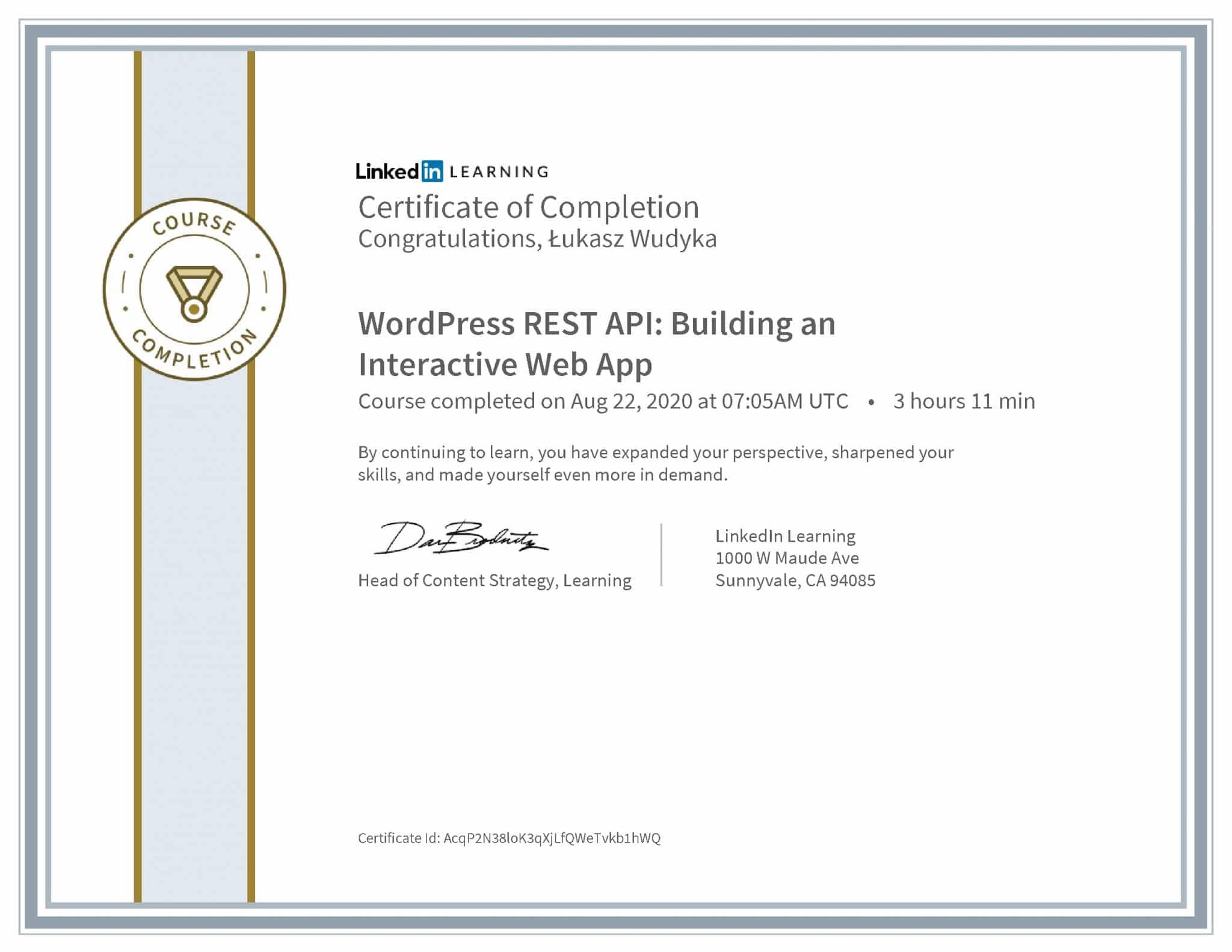 Łukasz Wudyka certyfikat LinkedIn WordPress REST API: Building an Interactive Web App