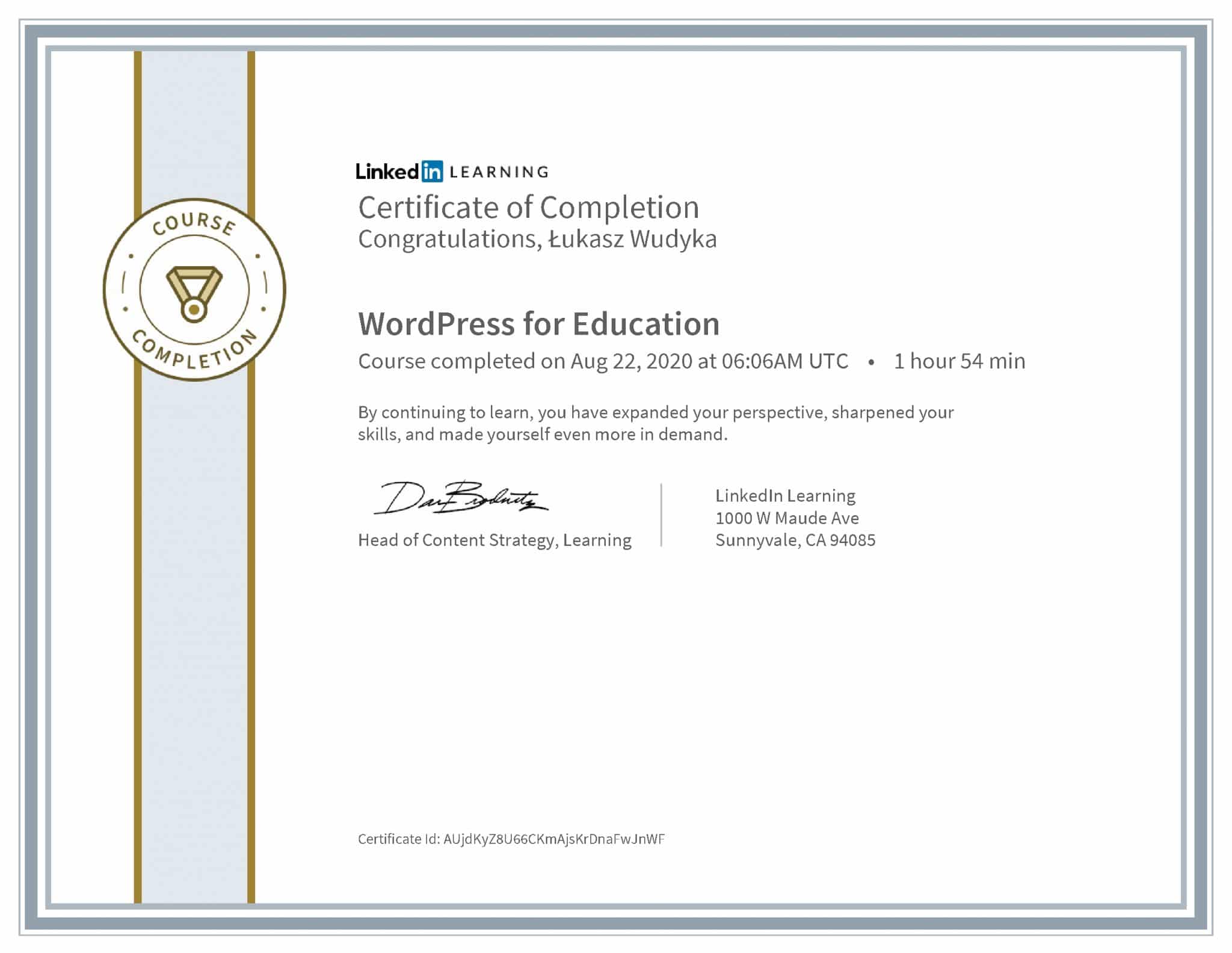 Łukasz Wudyka certyfikat LinkedIn WordPress for Education