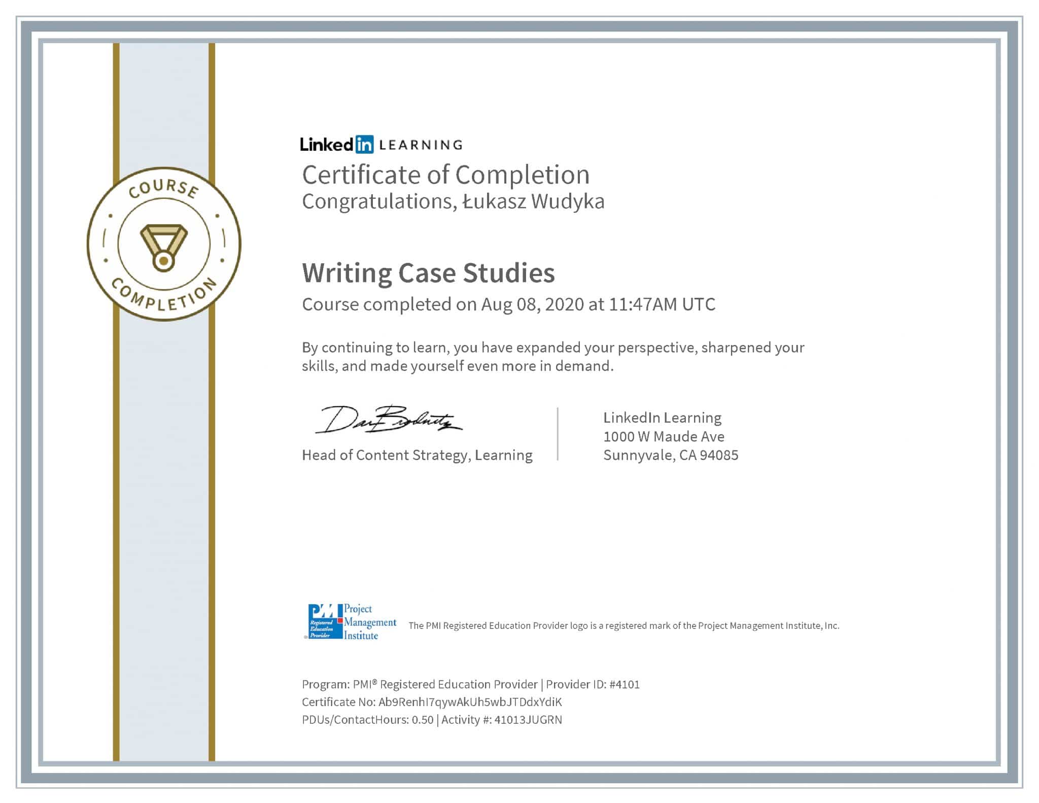 Łukasz Wudyka certyfikat LinkedIn Writing Case Studies PMI