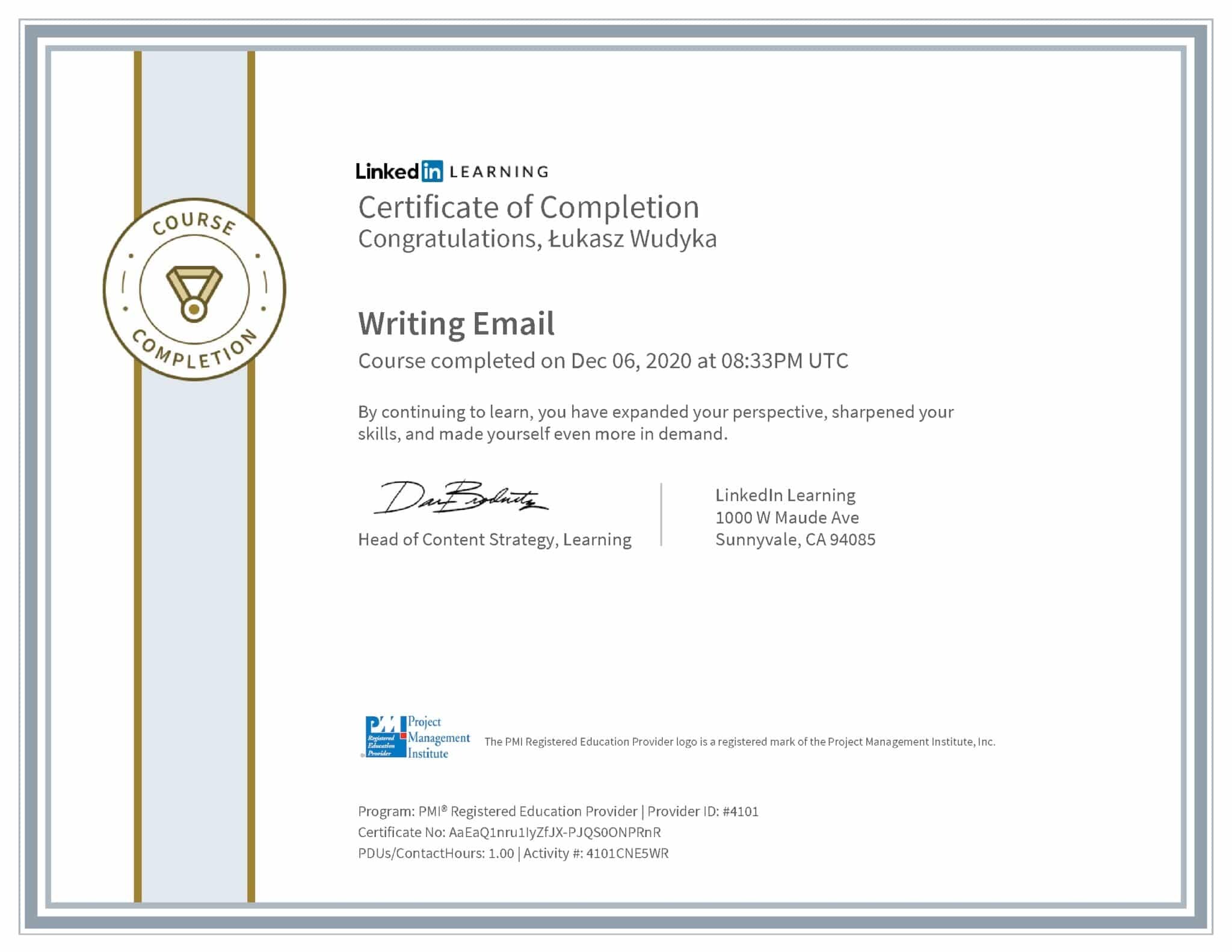 Łukasz Wudyka certyfikat LinkedIn Writing Email PMI