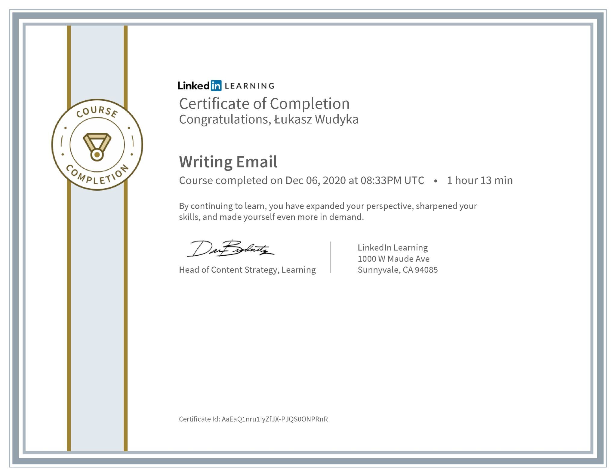 Łukasz Wudyka certyfikat LinkedIn Writing Email