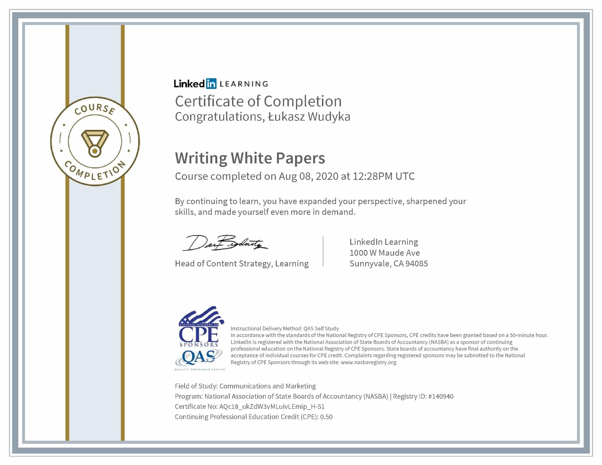 Łukasz Wudyka certyfikat LinkedIn Writing White Papers NASBA
