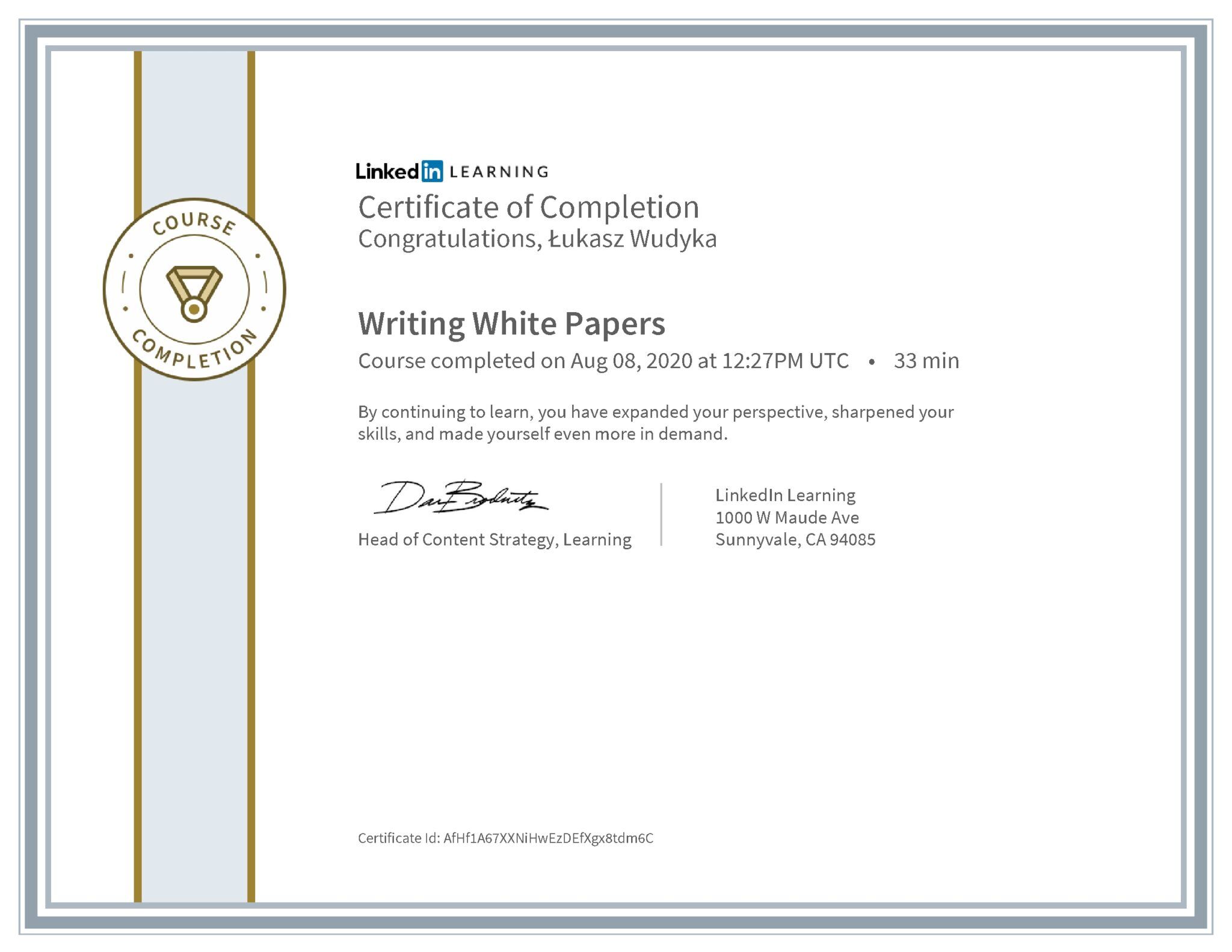 Łukasz Wudyka certyfikat LinkedIn Writing White Papers