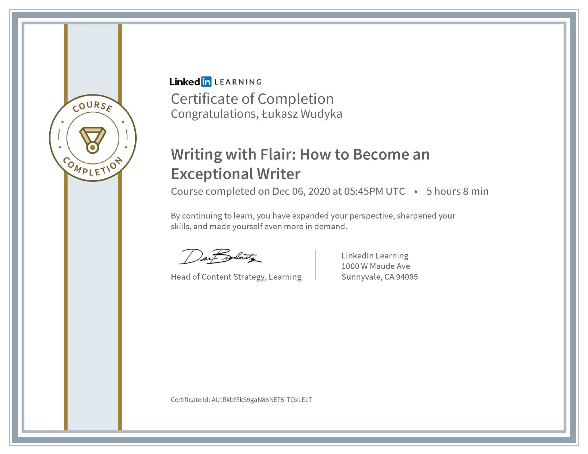 Łukasz Wudyka certyfikat LinkedIn Writing with Flair: How to Become an Exceptional Writer