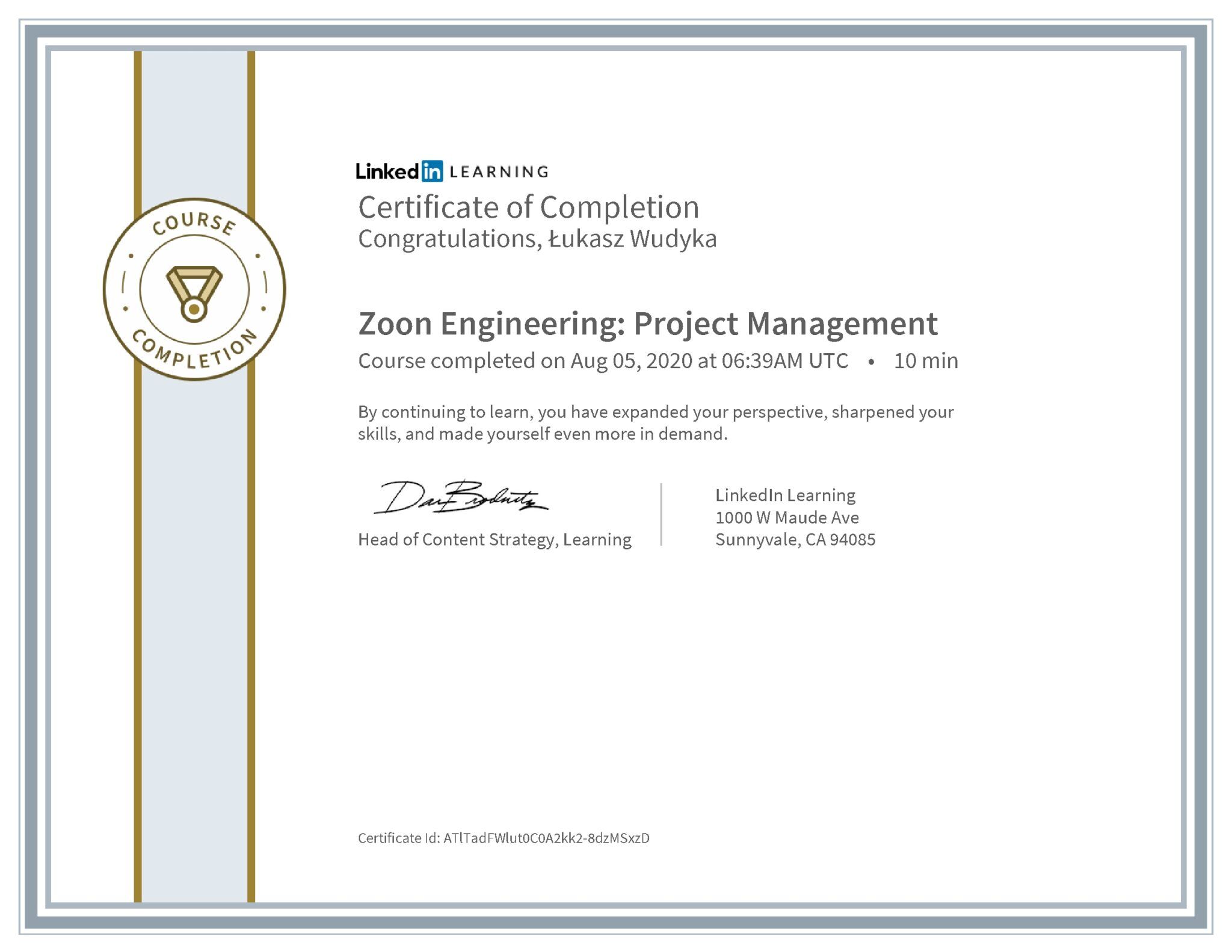Łukasz Wudyka certyfikat LinkedIn Zoon Engineering: Project Management