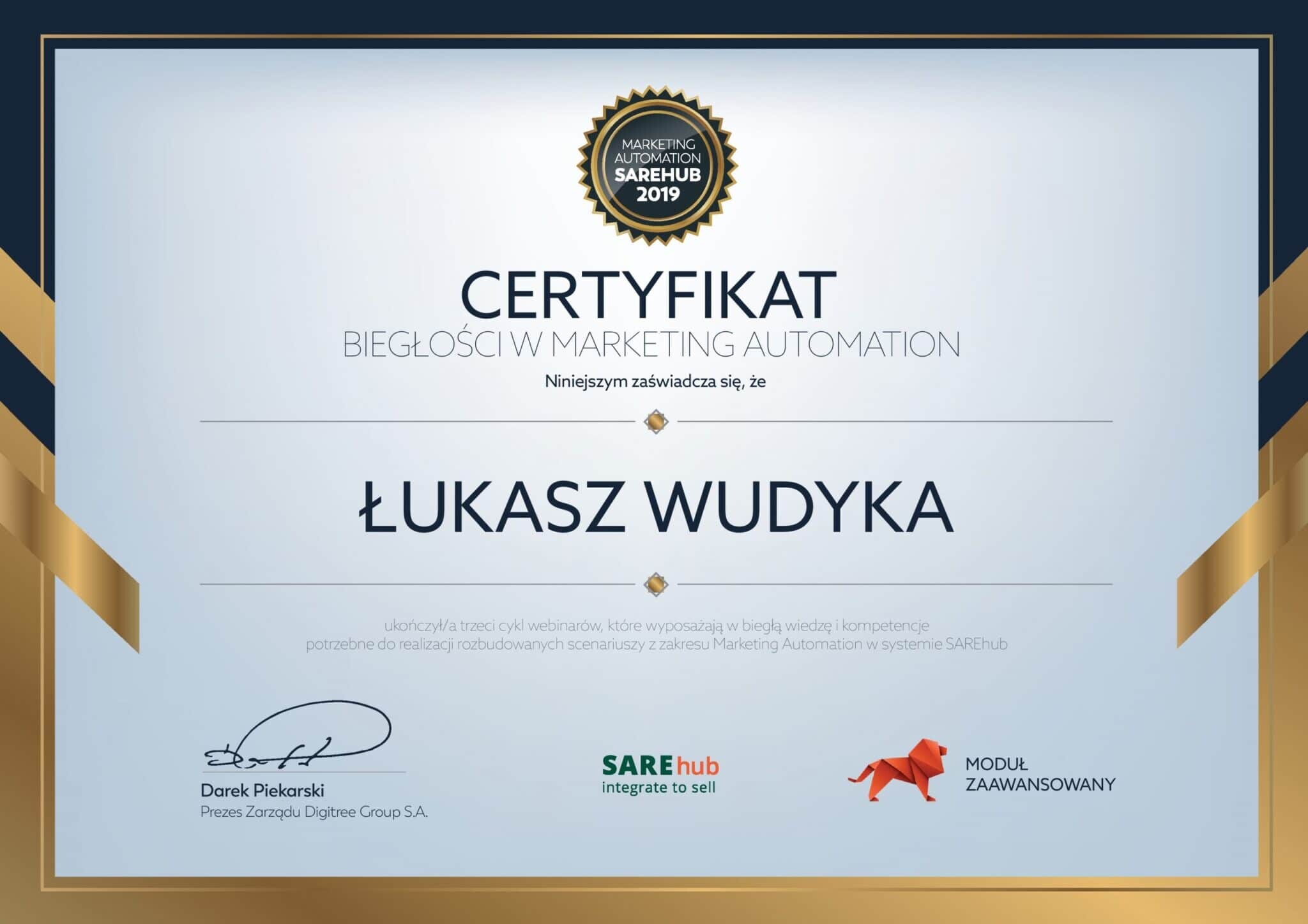 Łukasz Wudyka certyfikat SAREhub - BIEGŁOŚĆ W MARKETING AUTOMATION - MODUŁ ZAAWANSOWANY